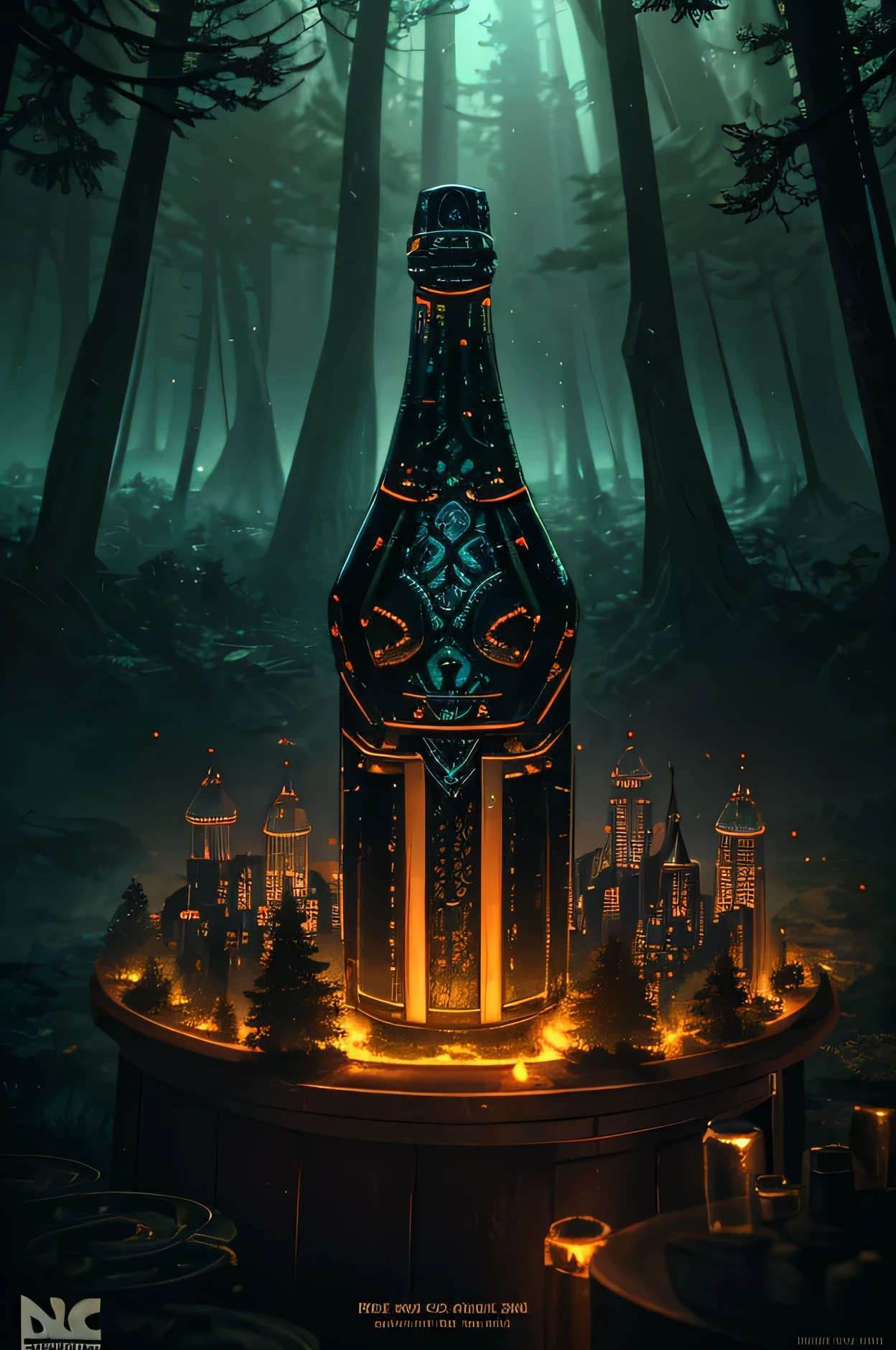 (Intricate forest landscape of a mini-city, Locked in a bottle), Atmospheric lighting Oliva, On the table, 4к HD, dark vibrations, hyper detailed, Bright colors of the forest background, Epic composition, Octane render, sharp focus, High-resolution isometry