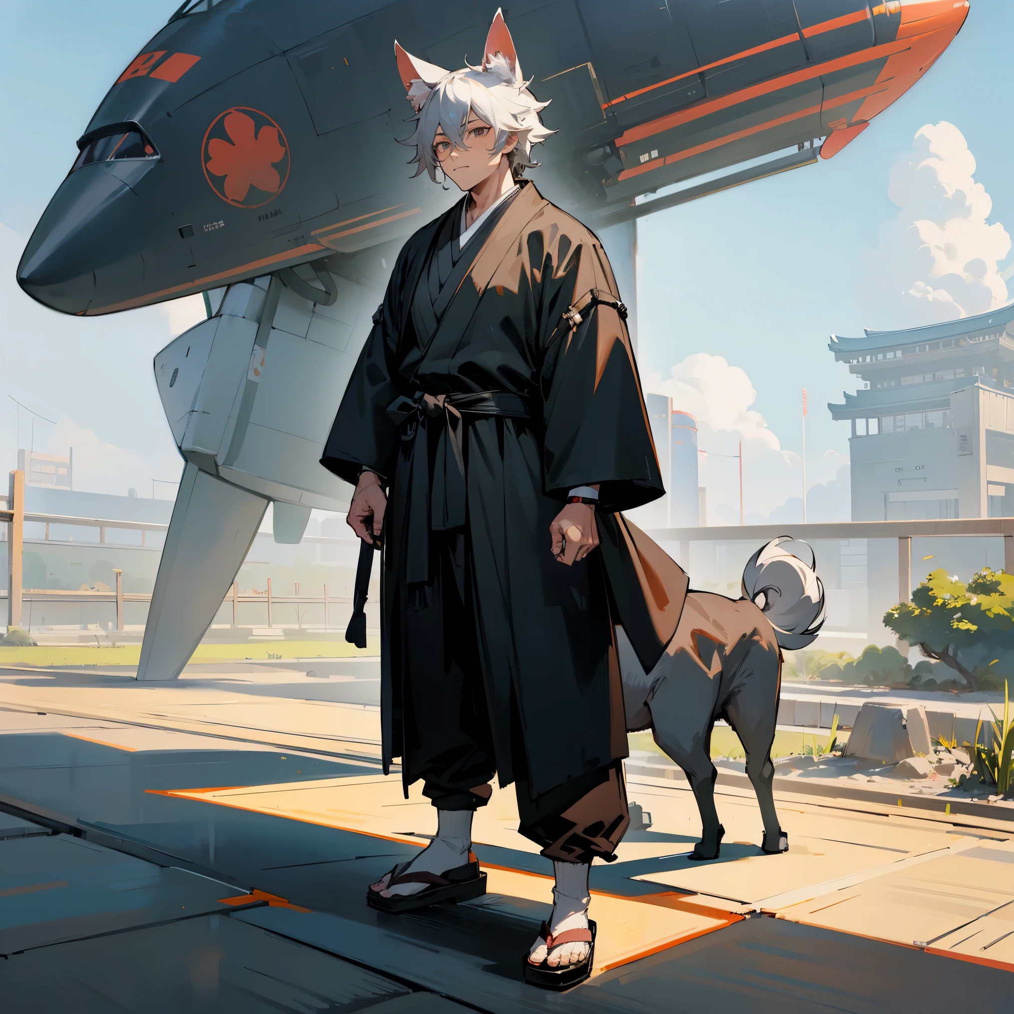 1male , Bright Grey Hair ,Dog Ears, Black Robes , Socks with Sandals , Baggy Black Pants , Japanese , Standing on path , Adult Male , Muscular Build , Sunny Planes Background