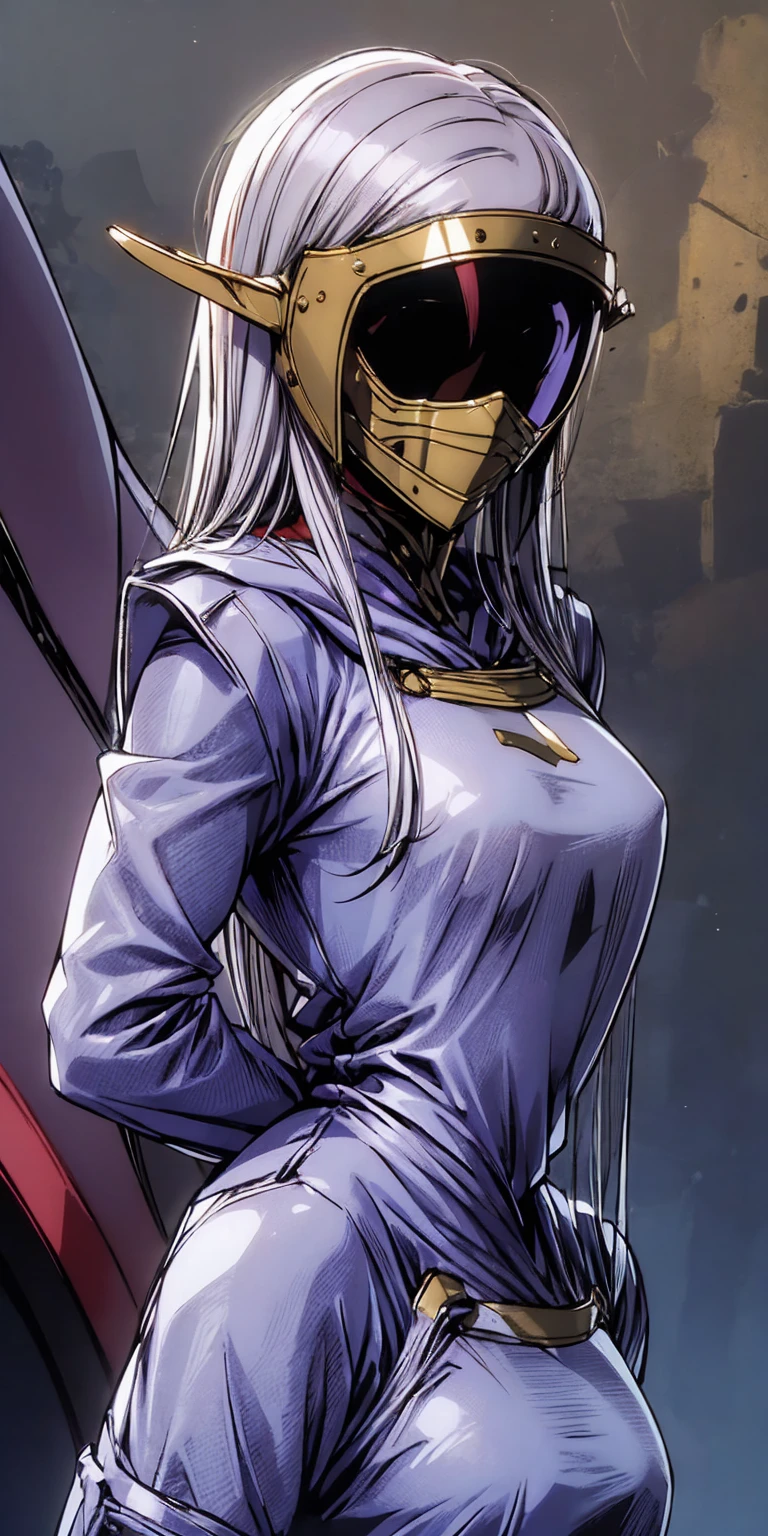 tali, 1girl, solo, hood, purple bodysuit, mask, (helmet, faceless), hood up, alien