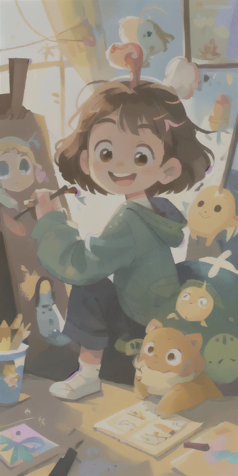 Holding a glowing paintbrush,Smiling girl! It is surrounded by many colored pencils, Brushes and paints in various colors, The warm sunshine shines on it, Add a playful atmosphere, --v6