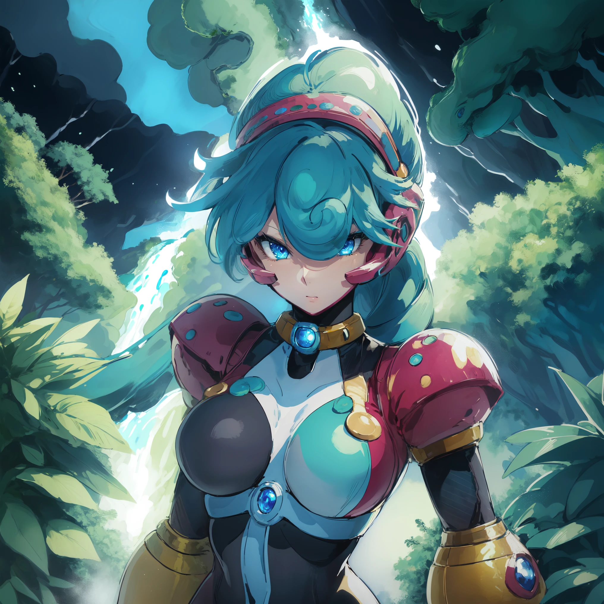 marino_megamanx, 1girl, green hair, blue eyes, ponytail, detailed face, breasts, high quality, masterpiece, standing with green flames coming from a tree