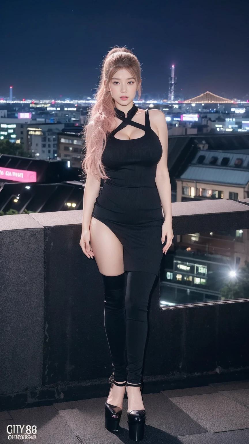 ((best quality, 8K, masterpiece :1.3)), Full body shot from head to toe,sharp focus :1.2, An extremely tall, strong, athletic woman,Heavy body :1.4,extremely tall height,Has extremely large breasts,abdominal muscles,Large wide crotch,Extremely exaggerated huge buttocks,Incredibly exaggerated and thick long legs,Super long big thick legs, ((Pink layered hair, High pink ponytail)), (Black high collar tight long dress with train,Black platform high heels), ((city night view, roof:1.3)), Highly detailed facial and skin textures, delicate eyes, double eyelids,Full body shot from head to toe。
