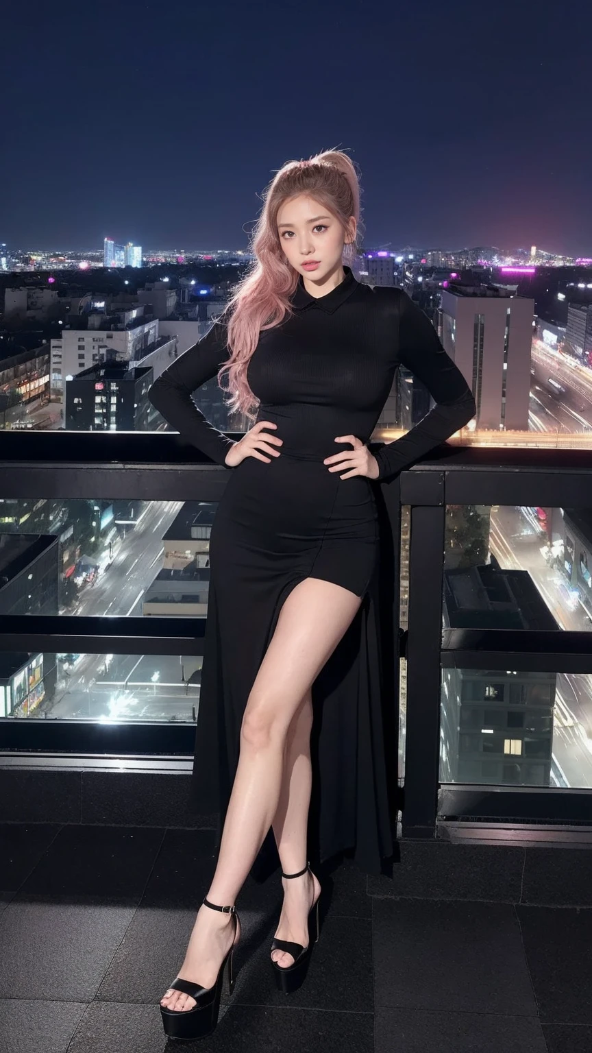 ((best quality, 8K, masterpiece :1.3)), Full body shot from head to toe，sharp focus :1.2, An extremely tall, strong, athletic woman，Heavy body :1.4,extremely tall height，Has extremely large breasts，abdominal muscles，Large wide crotch，Extremely exaggerated huge buttocks，Incredibly exaggerated and thick long legs，Super long big thick legs, ((Pink layered hair, High pink ponytail)), (Black high collar tight long dress with train，Black platform high heels), ((city night view, roof:1.3)), Highly detailed facial and skin textures, delicate eyes, double eyelids，Full body shot from head to toe。