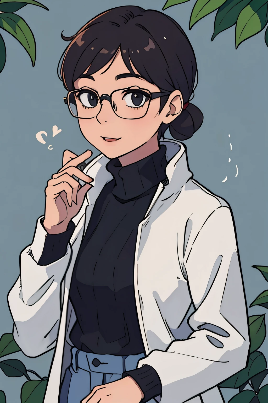 Glasses, turtleneck, chatting, talking, happy