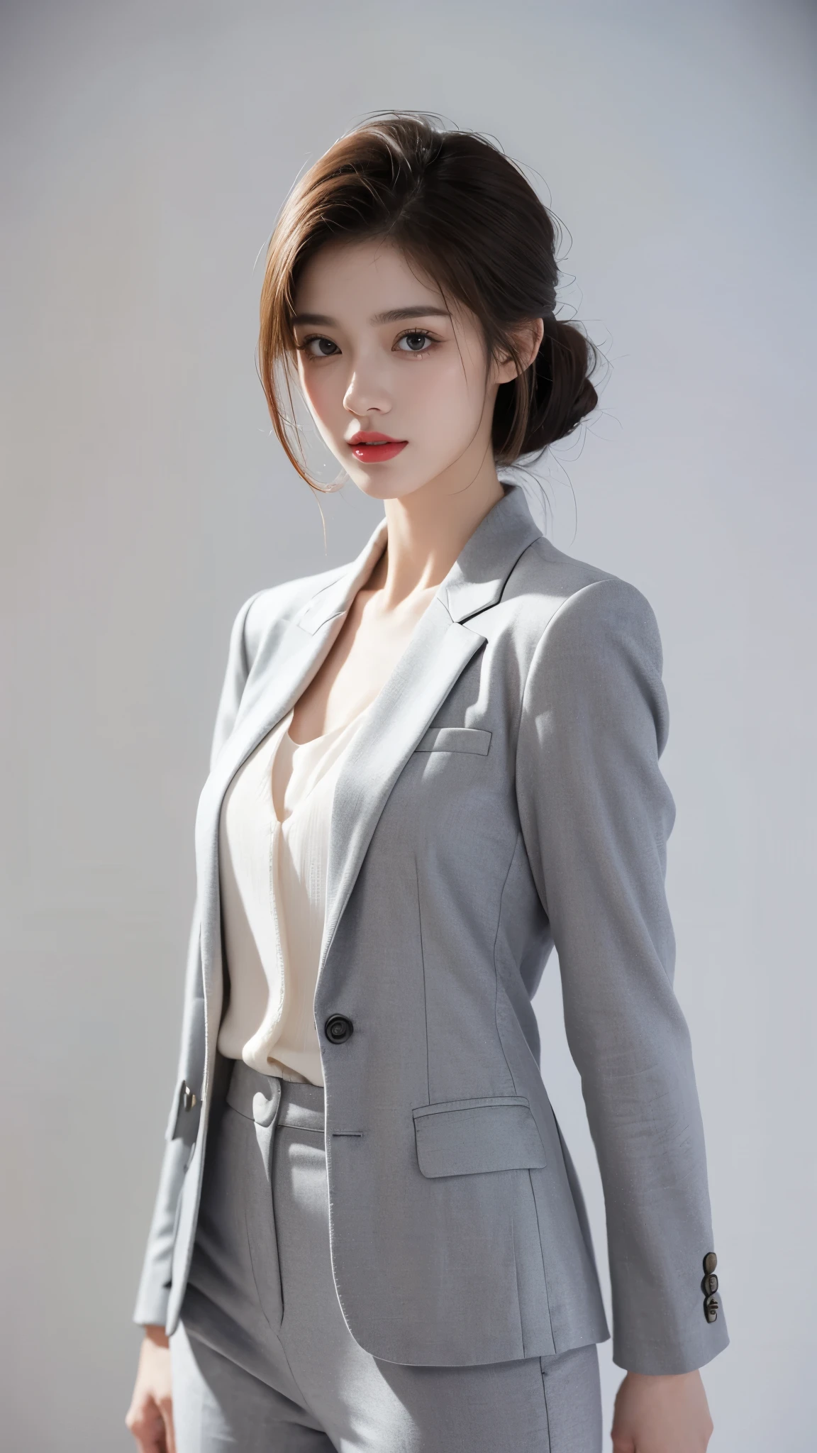 ((Half body photo)), 1girl,solo，masterpiece，best quality，high resolution，8K，(portrait)，real picture，Photographic grade，20 year old girl，Random hairstyle，red lips，Keep your mouth beautiful and attractive，Half body photo，Serious and arrogant，(Women&#39;s business suit，white)，photo poses，Realistic style，gray background，Half-length photo