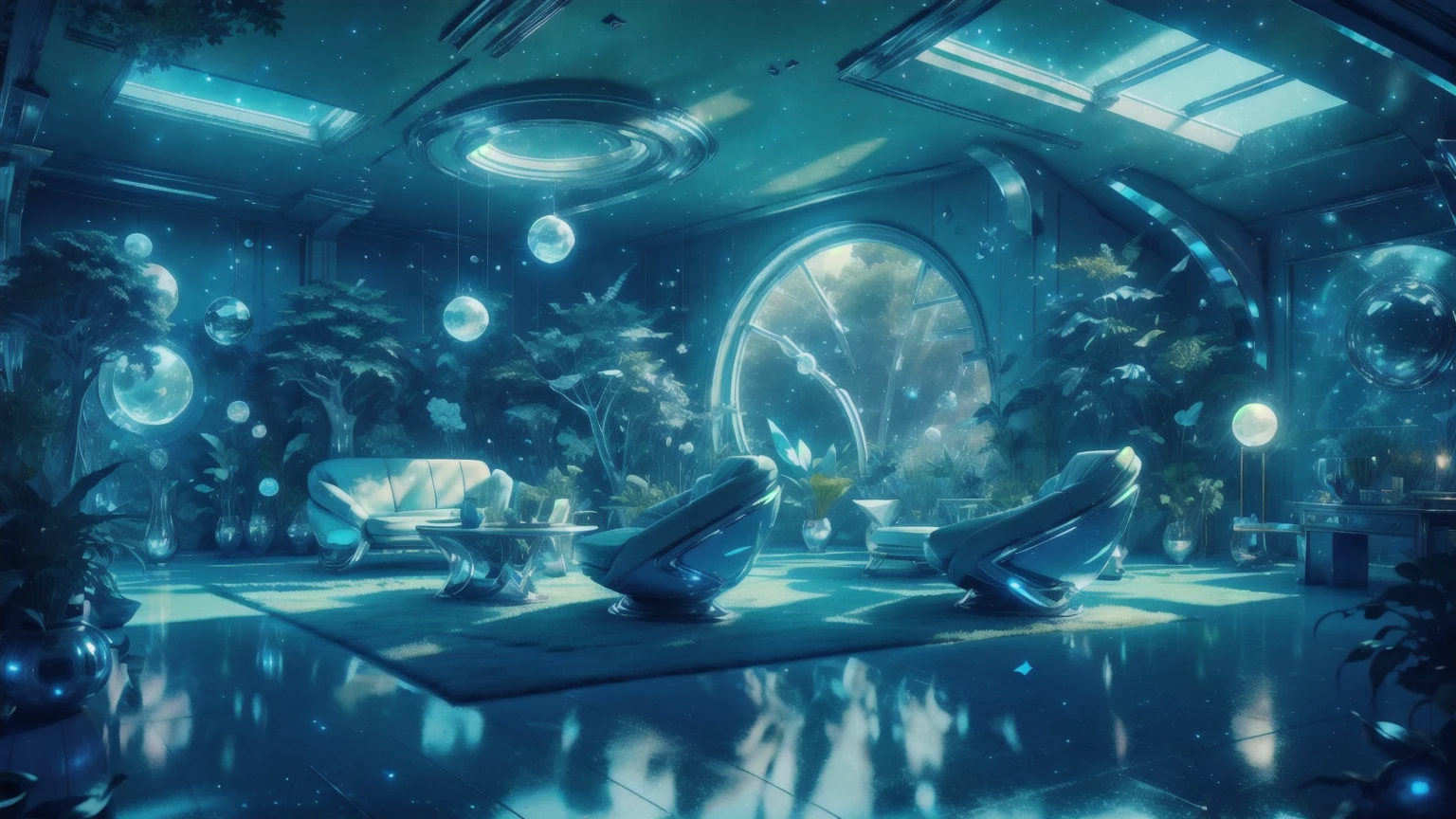 (masterpiece:1.2), (best quality,:1.2), 8k, HDR, Dynamic Angle View, UHD, ultra detailed, ((photorealistic)), (A Beautiful Secret Place), Outside Retro Futuristic Furniture, [So Many Vivid Colors], Futuristic Flower Garden, Vista distante、Paisagens、Outrageous resolution、The top half is empty、Below is the floor、luminoso、fantasia、clearing blue sky、Muitas estrelas brilhantes々、beautiful  lighting、clear lighting、soft lighting、Many bright magic lights、Stars are falling from the sky, Abandoned search facility, professional light, cinematic lighting, fashion photography, ambient lighting, face lighting, OverallDetail, fhanddetail, ffacedetail, ruins  in a magical forest, huge trees, sunlight, godrays, FanFo, 