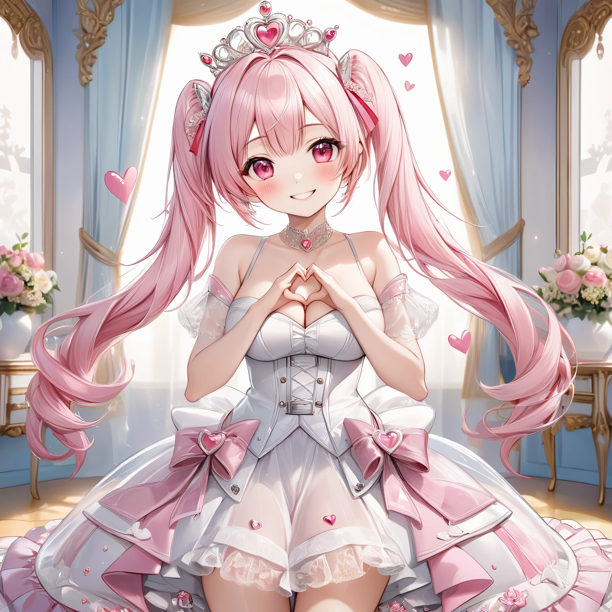 (1 woman:1.3), (Solo:1.5), 25 years old, (shiny white skin), (pastel pink hair, twin tail hair, Bangs:1.3), (Beautiful pink eyes, adolable big drooing eyes:1.5), (Breathtaking Beautiful white Princess Dresses with Luxurious Details, super precision embroidery See-through lace, cute ribbon, super precision embroidery a lot of see-through frill skirt, corset belt, super precision embroidery silver thread, Diamond), (big bust:1.3), (beautifully Luxurious Diamonds Tiara), (happy smile, Beautiful smile, Gentle smile, cute smile, innocent smile like an angel:1.2), Attractive, amazing, Beautiful, Elegant, Luxurious, magnifica, Eye-catching, the ultimate beauty, Supreme Beauty, Superlative beauty, Elegant, Beauty, Graceful, Everyone loves it, Beauty that fascinates everyone, Healed, The highest level of complete beauty, cute like an idol, Stylish like a fashion model, Goddess-like grace, Be loved, adolable, Look at the camera, cute pose, Happy, (making heart with hands, 10 heads and bodies, fullbody:1.5), (Breathtakingly beautiful Luxurious Princess room:1.5),