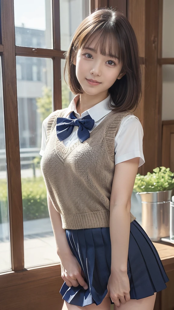 (masterpiece:1.2, highest quality), (realistic, photorealistic:1.4), beautiful illustrations, (natural side lighting, movie lighting), Depth of written boundary,
looking at the viewer, Front view, 1 girl, English, high school girl, 18 years old, perfect face, Cute symmetrical face, shiny skin,
(bob hair:1.7,blonde), asymmetrical bangs, Big eyes, droopy eyes, long eyelashes chest), thin,
beautiful hair, beautiful face, fine and beautiful eyes, beautiful clavicle, beautiful body, beautiful breasts, beautiful thighs, beautiful feet, beautiful fingers,
((fine fabric texture, brown knit vest, short sleeve white collar shirt, navy pleated skirt, Navy bow tie)),
(beautiful scenery), evening, (Inside the flower shop), Are standing, (smile, Upper grade, open your mouth), (((skirt lift, No panties, genitals visible))), full body shot, dark blue socks,
