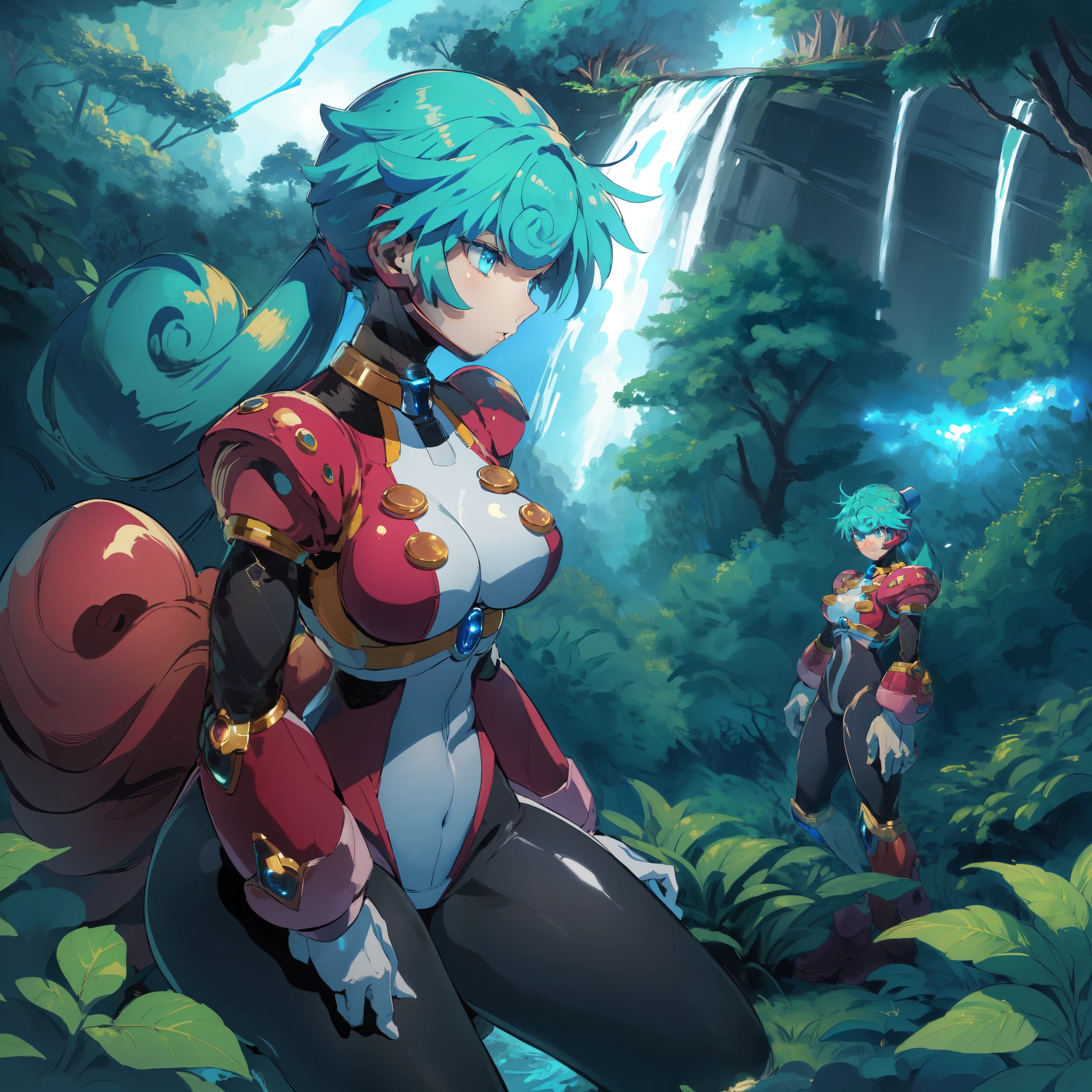 marino_megamanx, 1girl, green hair, blue eyes, ponytail, detailed face, breasts, high quality, masterpiece, in a dark forest looking out at a waterfall, in the style of ultra detailed, dark cyan and light bronze, eye-catching tags, physically based rendering, depictions of inclement weather, heavy shading, landscape inspirations