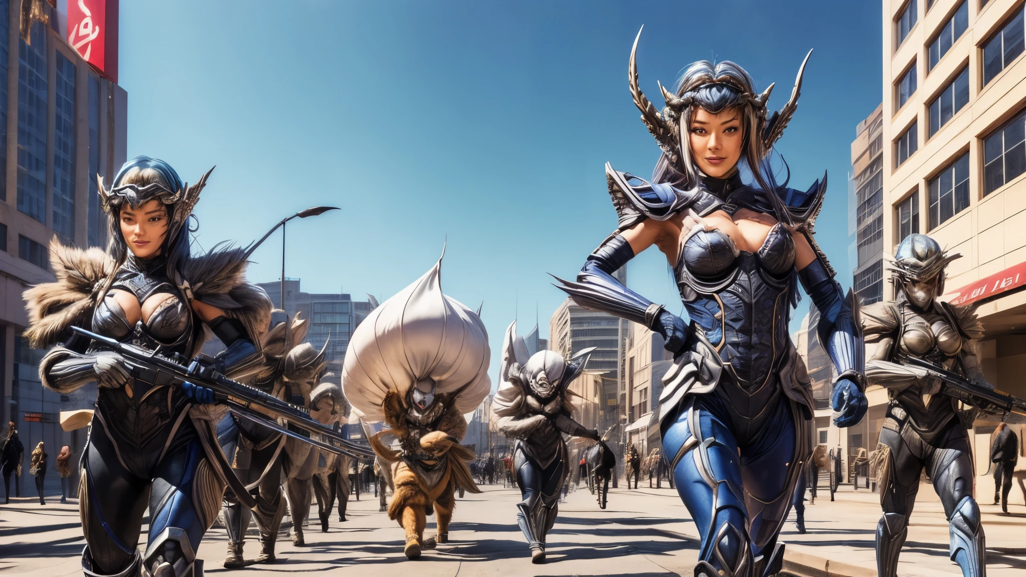 (best quality,4k,8k,highres,masterpiece:1.2),ultra-detailed, Alien Princess, Female Commander Invading a city with her Ranger troops behind her, strutting her stuff, Smiling and laughing, Flirting with the viewer, HDR, 8k, absurdres, cinestill 800, sharp focus, add_detail:3 (solo woman) anime Villainess, wideshot, widescreen, focus on subject