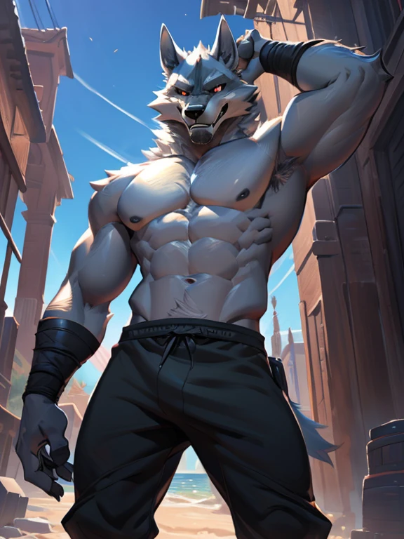 4k, ,8K, A high resolution, best quality, perfect colors, perfect shadows, perfect lighting, posted on e621, (by Chunie, by canyne khai, by t.y.starale), male, furry, Wolf anthro, death (puss in boots), solo, red eyes, (Realistic eye details 1.2), beach, wearing tank top, wearing jogger sweatpants, Full body like, Slim body, abs, dramatic lighting, soft lighting, day, highly detail, Hair coiled, delight, Standing up position, cool pose charm, Abstract beauty, centre, Looking at the camera, Facing the camera, nearing perfection, Dynamic, highly detailed, illustration, (Realistic background), ((Bonifasko lighting)), (Detailed eyes), perfect pupils, detail eyes, detail fluffy fur, (seductive face:1.2), fit body, Looking at the camera,, fit body, perfect male figure, Detailed fur, Detailed face, Perfect face, Detailed background, (Complex), (Super Detail), (Ultra Clear), (Best Quality), black armpit hair, black chest hair,black pubic hair, black beard,