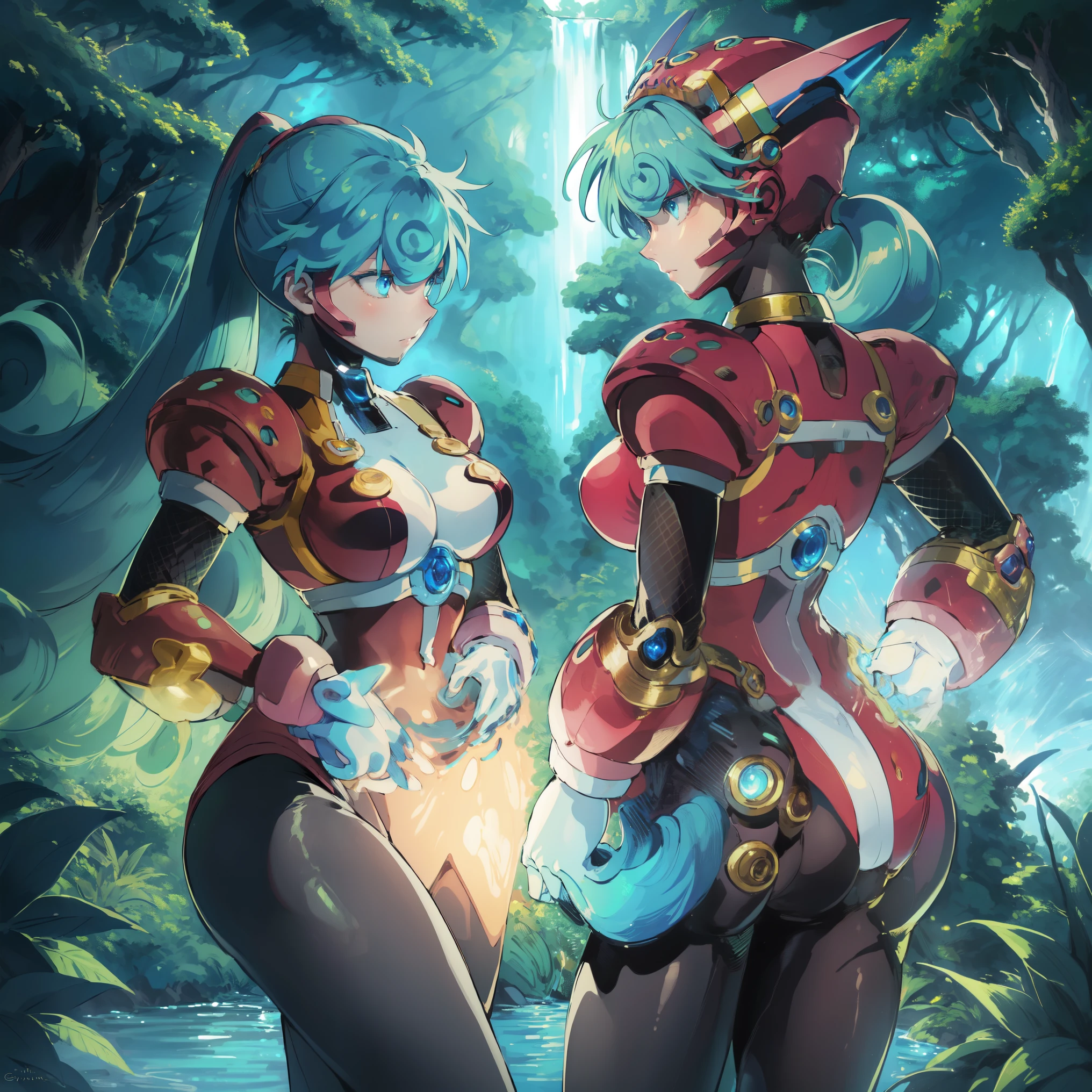 marino_megamanx, 1girl, green hair, blue eyes, ponytail, detailed face, breasts, high quality, masterpiece, in a dark forest looking out at a waterfall, in the style of ultra detailed, dark cyan and light bronze, eye-catching tags, physically based rendering, depictions of inclement weather, heavy shading, landscape inspirations
