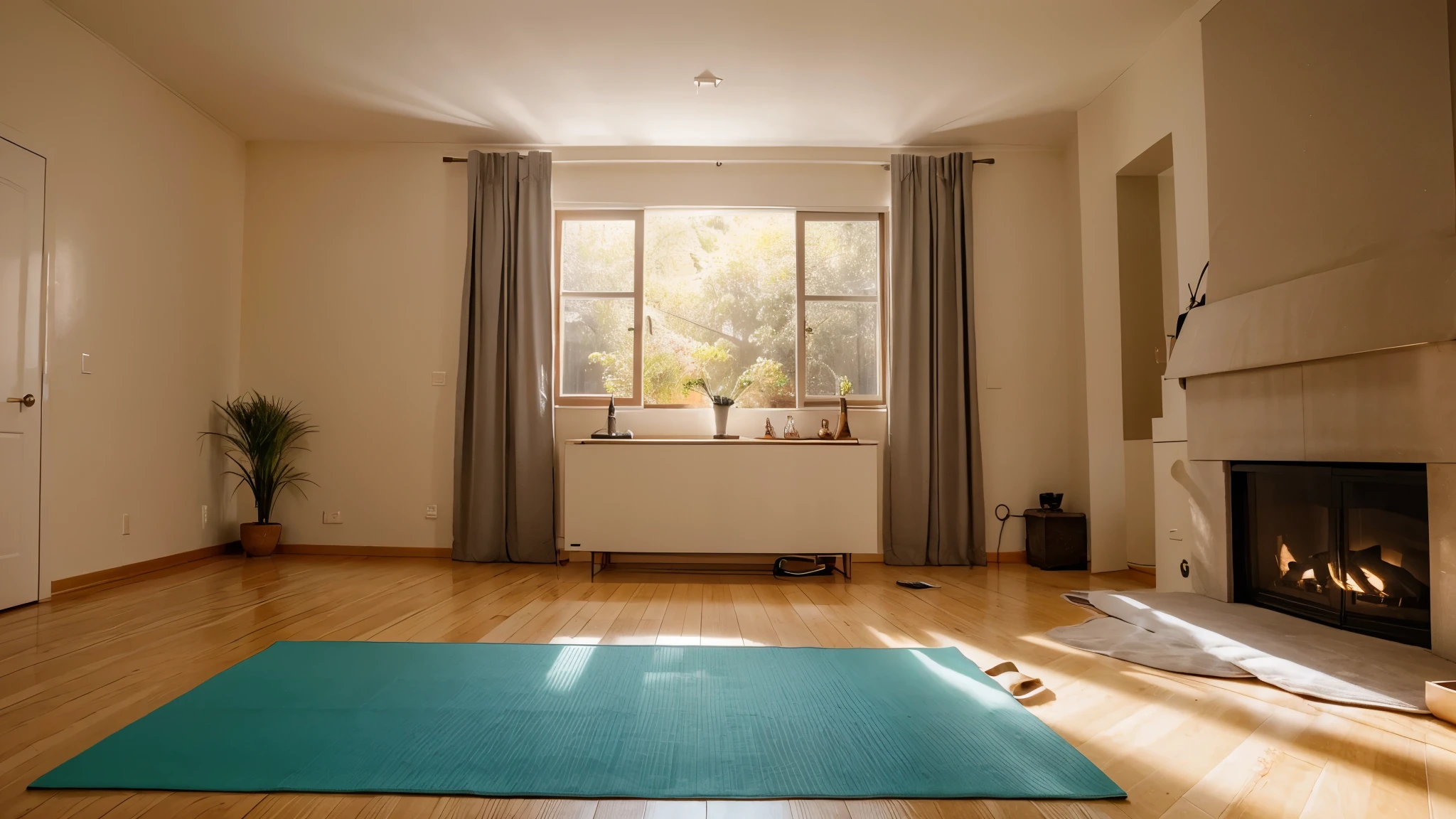 A room in the house, beautifully furnished, with a yoga mat, warm soft lighting, no human in the picture