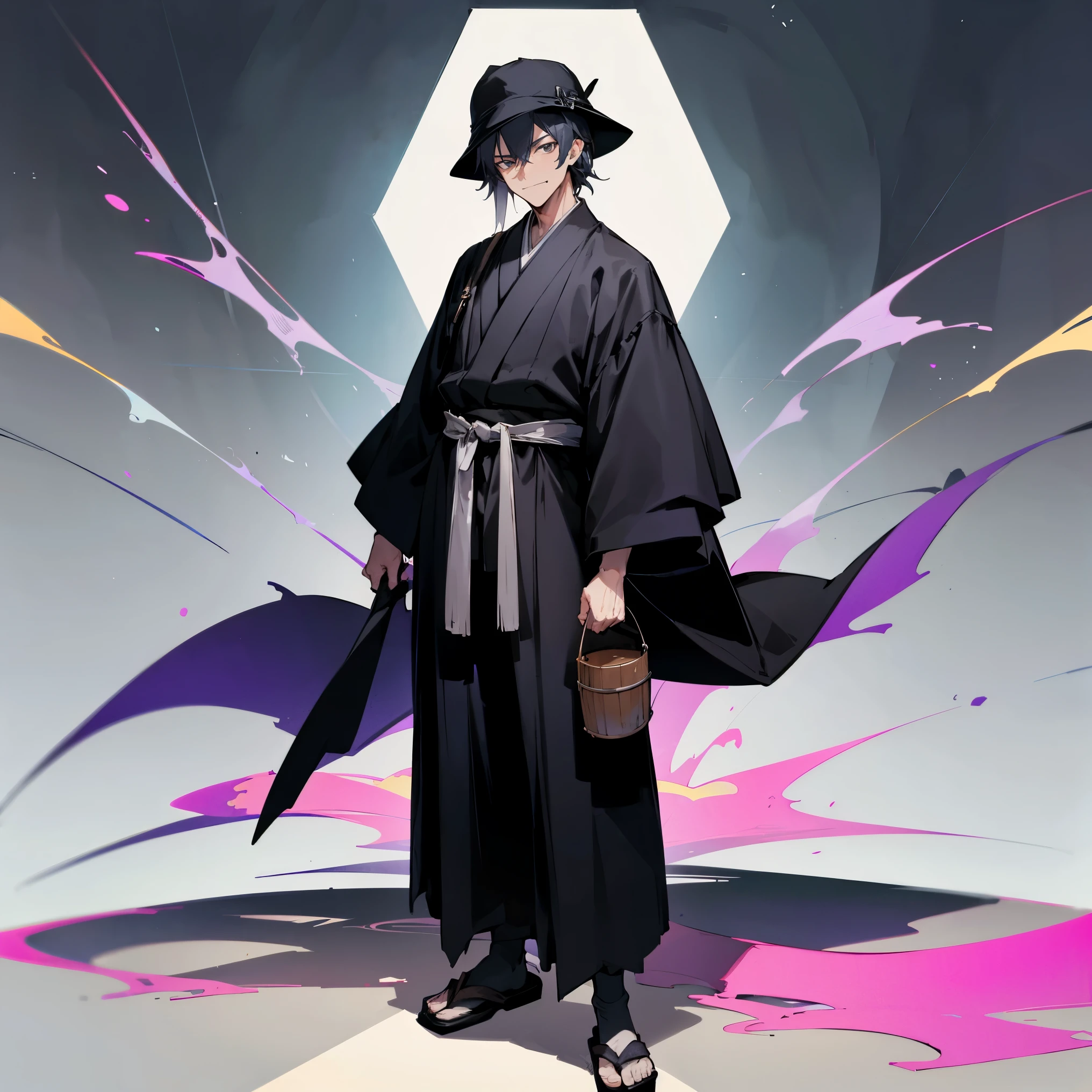 1male , Bucket Hat , Black Robes , Socks with Sandals , Baggy Black Pants , Japanese , Standing on path , Adult Male , Smug Expression