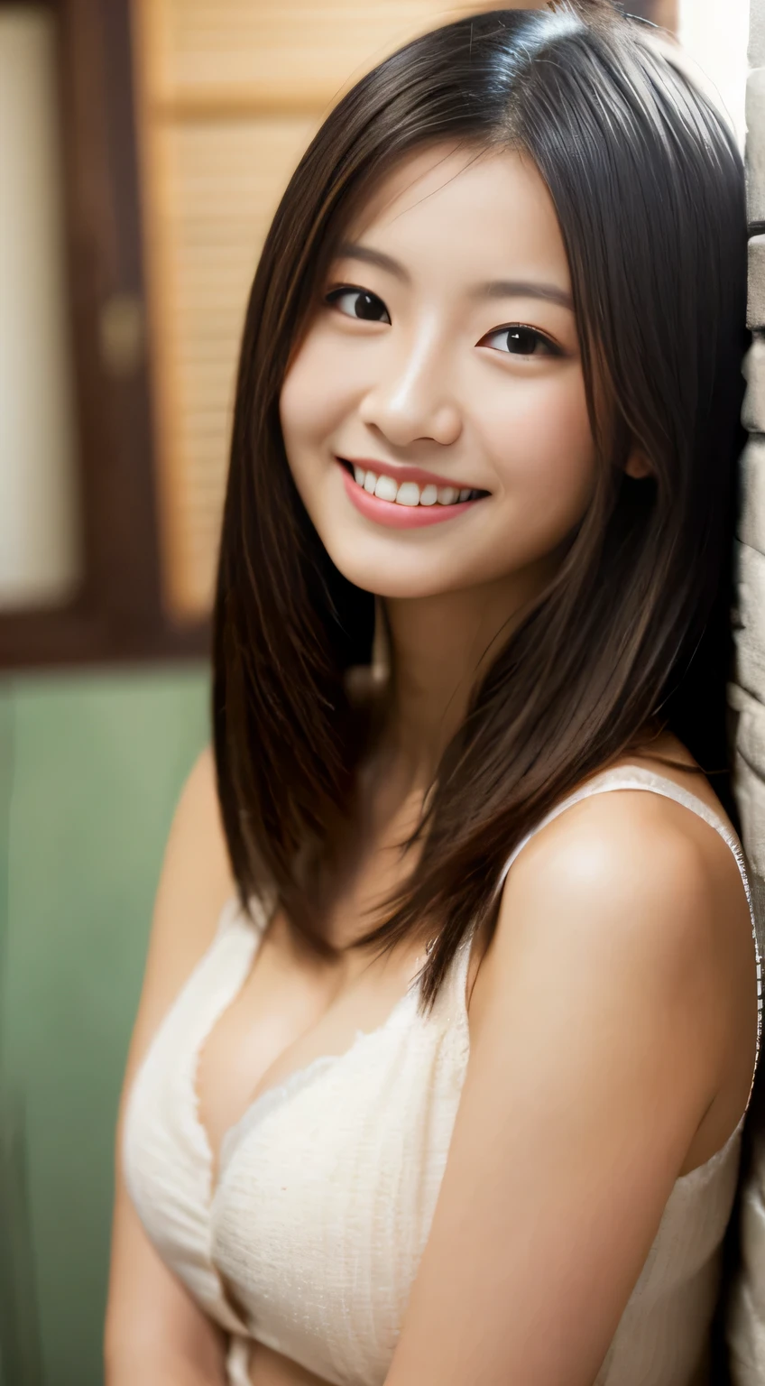 masterpiece,best quality,(Japanese ),((Beautiful girl)),cleavage,indoor,(perfect body beauty:1.2),(shy smile),beautiful teeth,