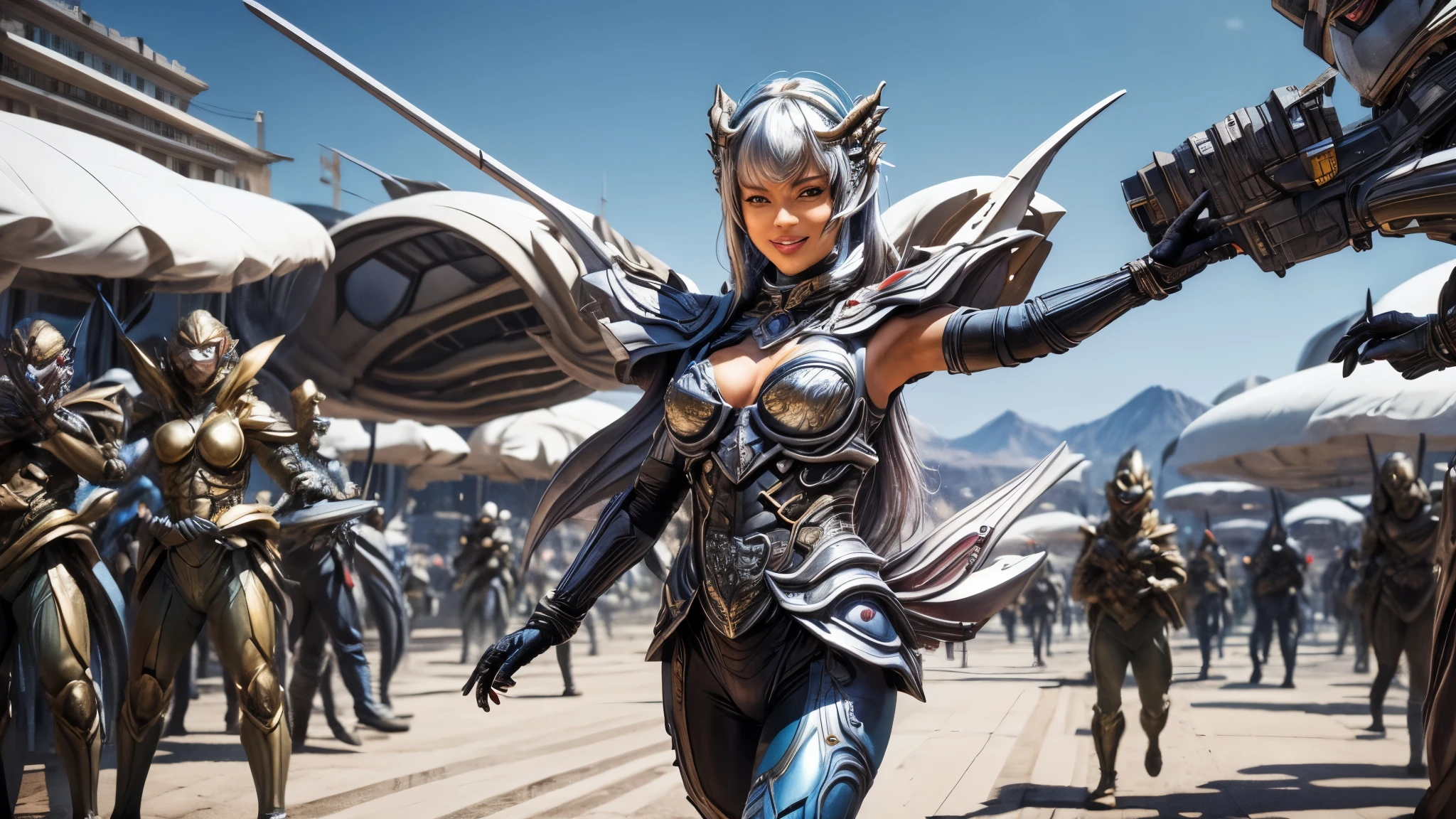 (best quality,4k,8k,highres,masterpiece:1.2),ultra-detailed, Alien Princess, miamalkova, with water powers and blue wave themed armor made of coral, log aqua color hair, Female Commander Invading a city with her Ranger troops behind her, strutting her stuff, Smiling and laughing, Flirting with the viewer, HDR, 8k, absurdres, cinestill 800, sharp focus, add_detail:3 (solo woman) anime Villainess, wideshot, widescreen, focus on subject