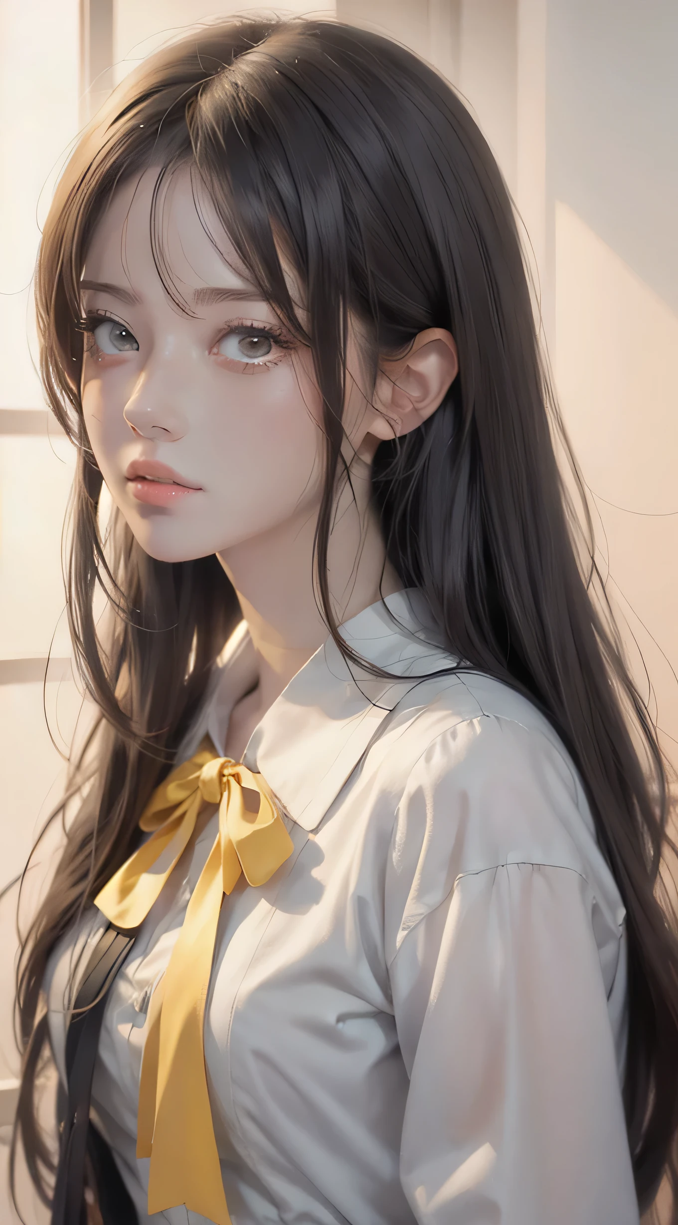 Anime girl in a yellow ribbon and white shirt, Smooth anime CG art, beautiful anime portrait, Detailed portrait of anime girl, portrait anime girl, realistic anime art style, stunning anime face portraits, cute realistic portrait, cute anime girl portrait, Created at Anime Artist Studio, digital anime illustration, realistic young anime girl, anime girl portrait, anime girl portrait
