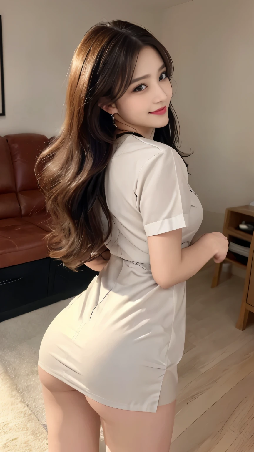 (top-quality、8k、​masterpiece:1.3))、focus:1.2、Perfect Body Beauty:1.4、s ass:1.2、((delicate hair))、(Stylish Nurse Uniform:1.1)、(a room、livingroom:1.3)、Highly detailed facial and skin texture、finely eye、double eyelid、Whitening Skin、Beautiful breasts、a smile、wearing necklaces、