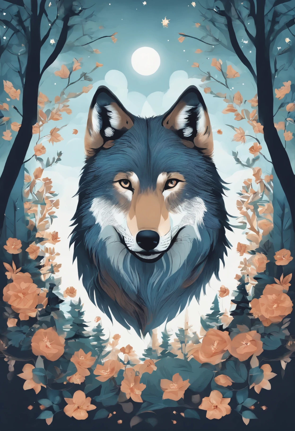 The pattern is circular，The background color is blue，There are wolves，a moon，forest，petal，Yuki，simple style，In design style，Bright color vision，Simple drawing，Pencil colored pencil touch,The wolf is the center of the circle，