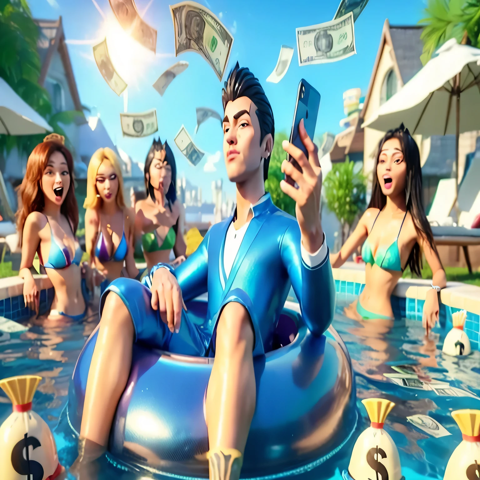 arafed man in a pool with money floating around him, wealthy, 3 d cartoon, realism in style of fornite game, 🚀🌈🤩, music video, flaunting his wealth, profile pic, avatar image, digital art #oneshotgame, 3 d demo reel avatar, its a deep dream, instagram post, for hire 3d artist