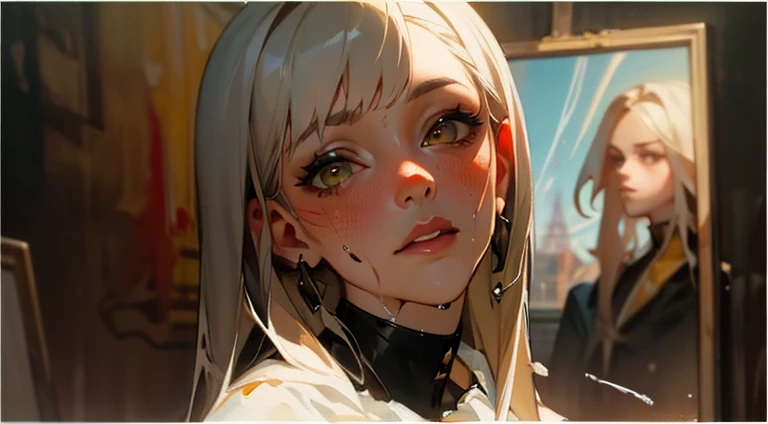 Stunningly beautiful young woman sitting in a street cafe in Paris, Portrait by Willem Henraets, watercolor, Wet-on-wet and splatter techniques, in the center, perfect composition, abstraction, surrealism,master piece,Paint the trajectory(Paint Trails), Applying stains, Dirty Art, black and yellow paint,sharp focus, 8K, high resolution resolution, figure, Carne Griffith and Vadim Kashin, white background