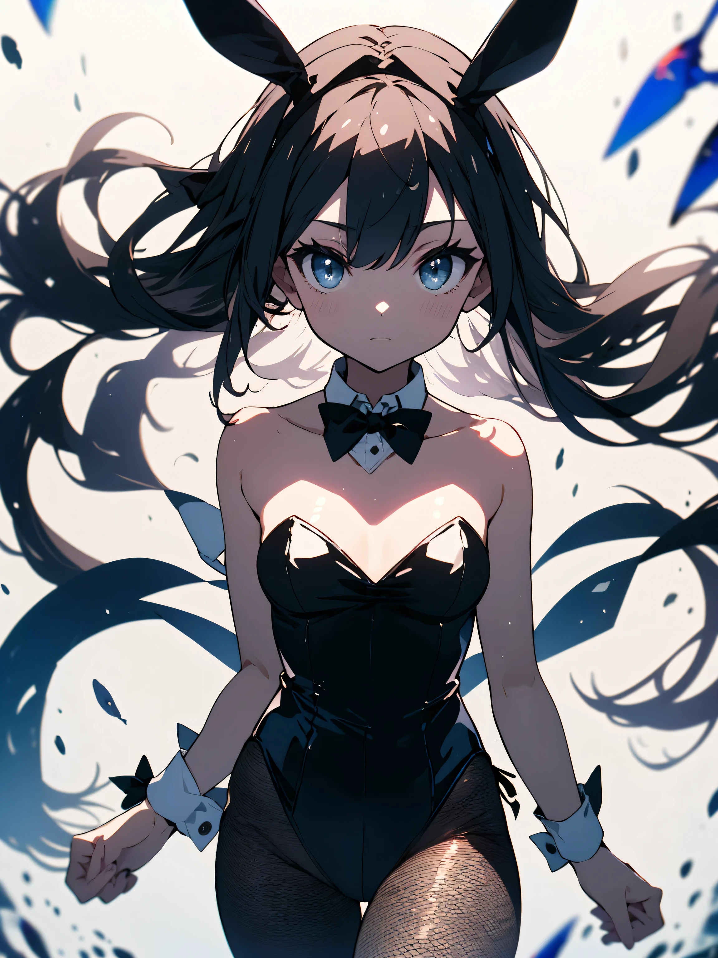 (highest quality、masterpiece、High resolution、detailed)、(Shining eyes、detailed beautiful face)、4K、bunny_girl,wearing a black bunny girl outfit,Animal ear headband,(black rabbit ear:1.1),(white collar and black bow tie:1.3),(cuffs:1.3),(white cuffs:1.1),leotard,black leotard,(bare shoulders:1.2),(shoulderless:1.2),(strapless:1.2),(No shoulder straps:1.2),leather leotard,wearing tights under the leotard,(fishnet pantyhose:1.2),bunny tail、(beautiful anime)