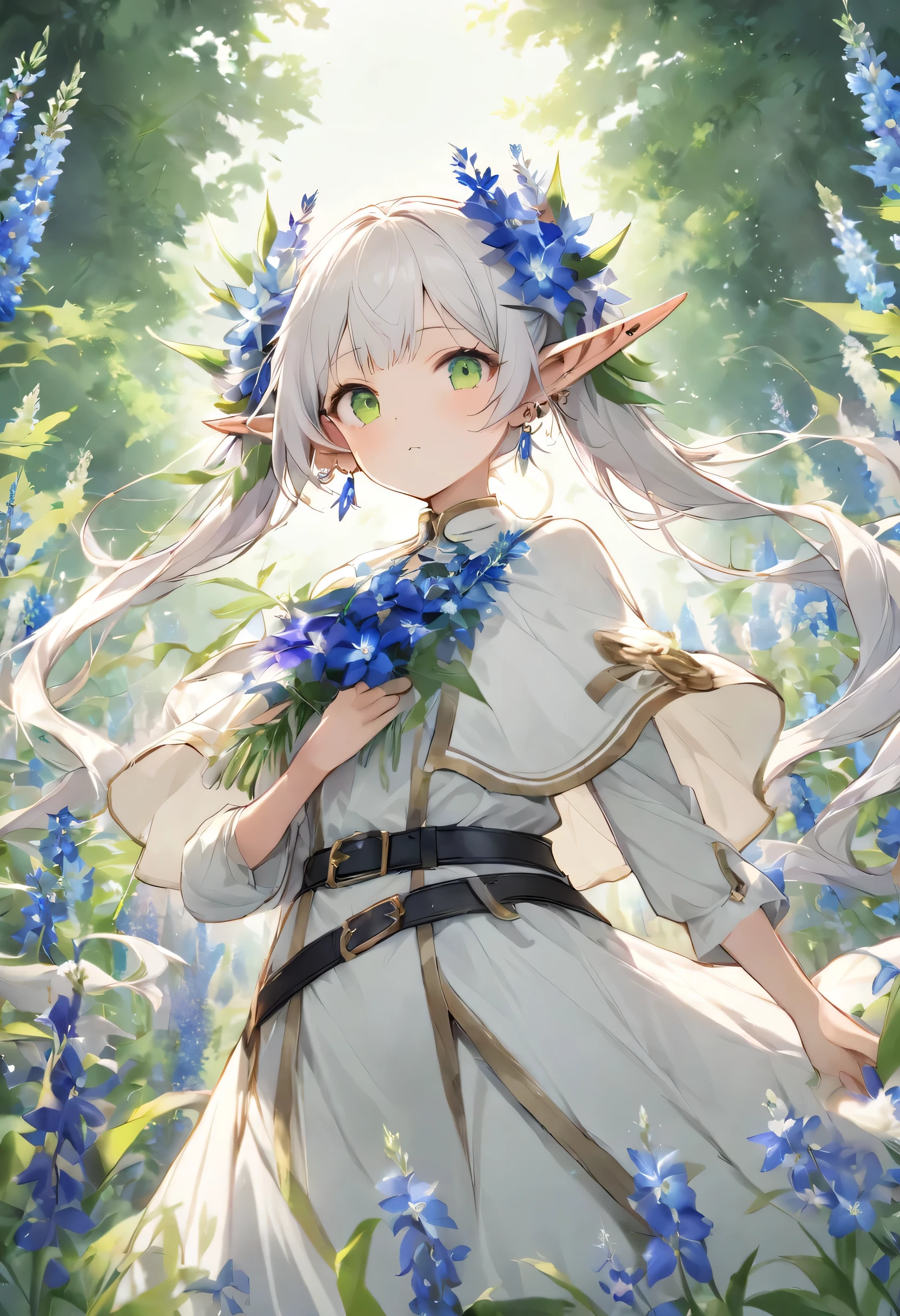 masterpiece, best quality, very aesthetic, absurdres, 

Frieren frolicking in a field of Delphinium flowers, 1 girl, elf, flower hair ornaments, alone, sharp_ear, twin tails, green_eye, length_hair, jewelry, white_hair, white capelet, earrings, capelet, belt,shirt, dress, Broke up_front hair, length_sleeve, bangs, white_dres,
plants and flowers, no trees, only flowers, 
Delphinium flower field in full bloom, Bright blue Delphinium, animation, flower field, gentle breeze,
(Prairie), (Full field of flowers:1.3), View from below
spirit of the wind, KNSP