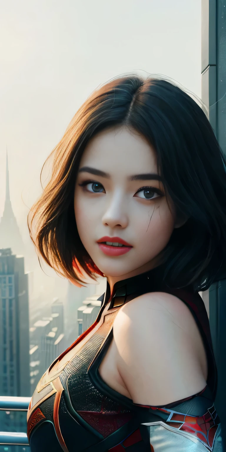 (1girl:1.3), Solo, (((Very detailed face)))), ((Very detailed eyes and face)))), Beautiful detail eyes, Body parts__, Official art, Unified 8k wallpaper, Super detailed, beautiful and beautiful, beautiful, masterpiece, best quality, original, masterpiece, super fine photo, best quality, super high resolution, realistic realism, sunlight, full body portrait, amazing beauty, dynamic pose, delicate face, vibrant eyes, (from the front), She wears Spider-Man suit, red and black color scheme, spider, very detailed city roof background, rooftop, overlooking the city, detailed face, detailed complex busy background, messy, gorgeous, milky white, highly detailed skin, realistic skin details, visible pores, clear focus, volumetric fog, 8k uhd, DSLR, high quality, film grain, fair skin, photo realism, lomography, futuristic dystopian megalopolis, translucent