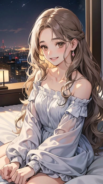 (at night, digital illustration, 4k, 8k, Super detailed, beautiful images, clear image, perfect face, perfect lines, perfect eyes) 1 female, (in bedroom, gray long wavy hair, innocent look, look at viewer, side view ,droopy eyes, brown eyes, innocence, cute, smile gently,27 years old:1.3, embarrassing, shy smile:1.2), off shoulder top , Piercing
