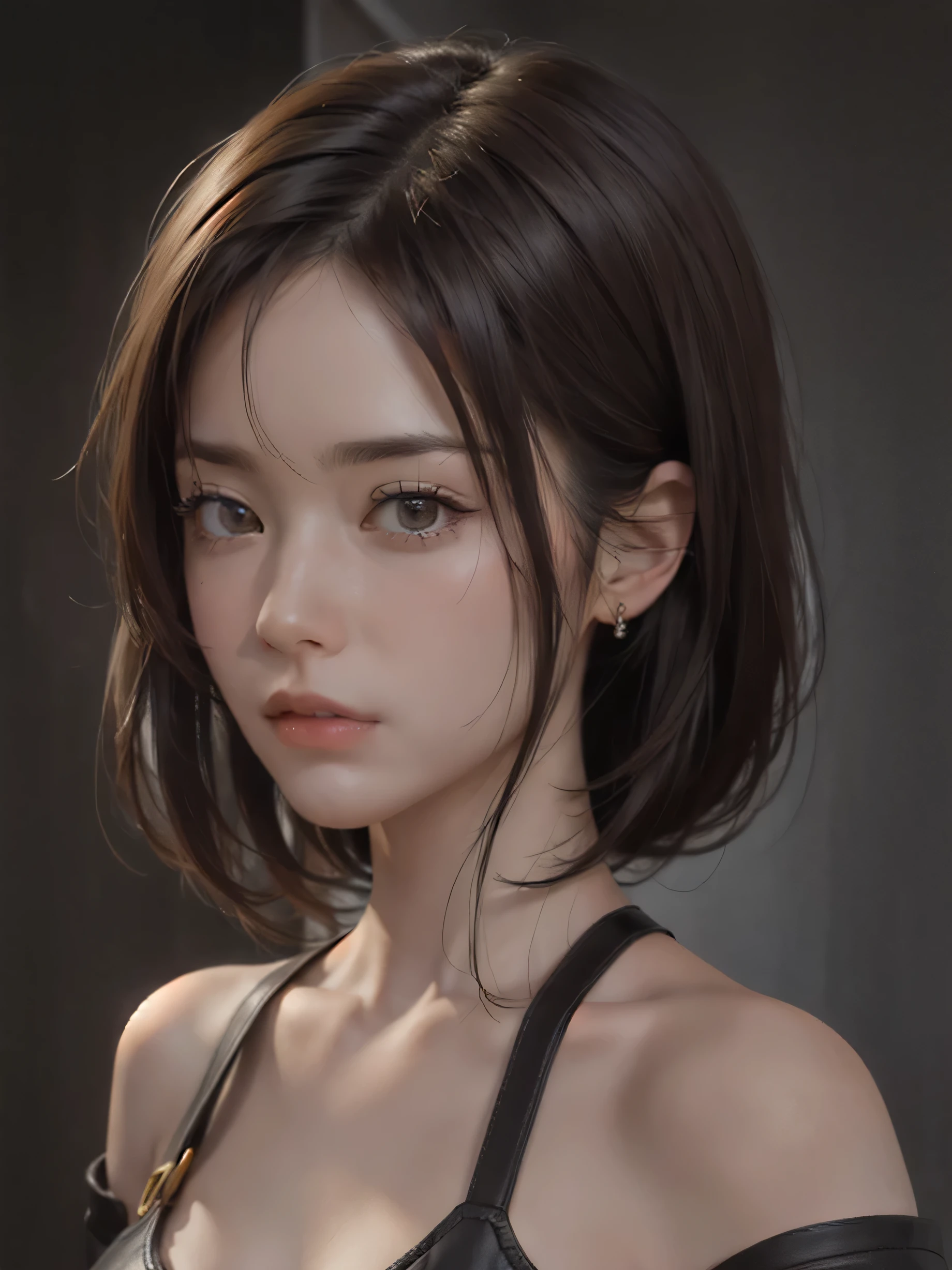 (Representative works: 1.3), (8K, realistic, RAW photo, best image quality: 1.4), (30 year old mature woman),small face, beautiful face, (realistic face),no makeup、natural makeup、light makeup、 (Dark brown, short hair: 1.3), beautiful hairstyle, realistic eyes, detailed and beautiful eyes, (realistic skin), beautiful skin, (sweater),、Bust A cup、 confused, charm, 超High resolution, Super realistic, High resolution, golden ratio, ff tifa、gray background、
