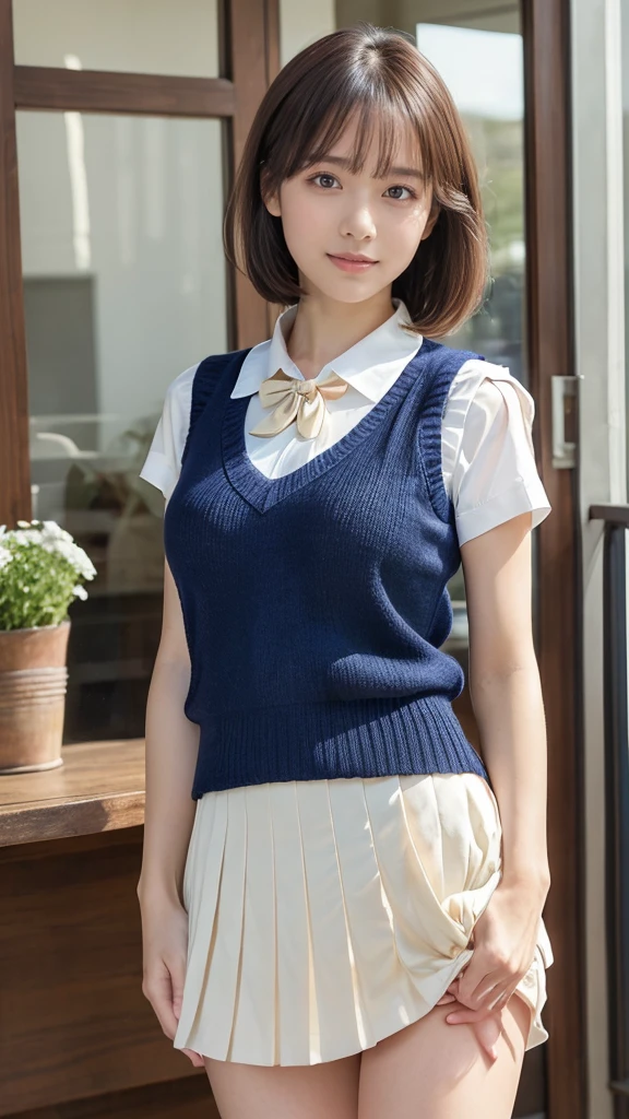 (masterpiece:1.2, highest quality), (realistic, photorealistic:1.4), beautiful illustrations, (natural side lighting, movie lighting), Depth of written boundary, 
looking at the viewer, Front view, 1 girl, English, high school girl, 18 years old, perfect face, Cute symmetrical face, shiny skin, open legs,
(bob hair:1.7,blonde), asymmetrical bangs, Big eyes, droopy eyes, long eyelashes chest), thin, 
beautiful hair, beautiful face, fine and beautiful eyes, beautiful clavicle, beautiful body, beautiful breasts, beautiful thighs, beautiful feet, beautiful fingers, 
((fine fabric texture, brown knit vest, short sleeve white collar shirt, navy pleated skirt, Navy bow tie)), 
(beautiful scenery), evening, (Inside the flower shop), Are standing, (smile, Upper grade, open your mouth),  (((skirt lift, No panties, genitals visible))), full body shot, dark blue socks,