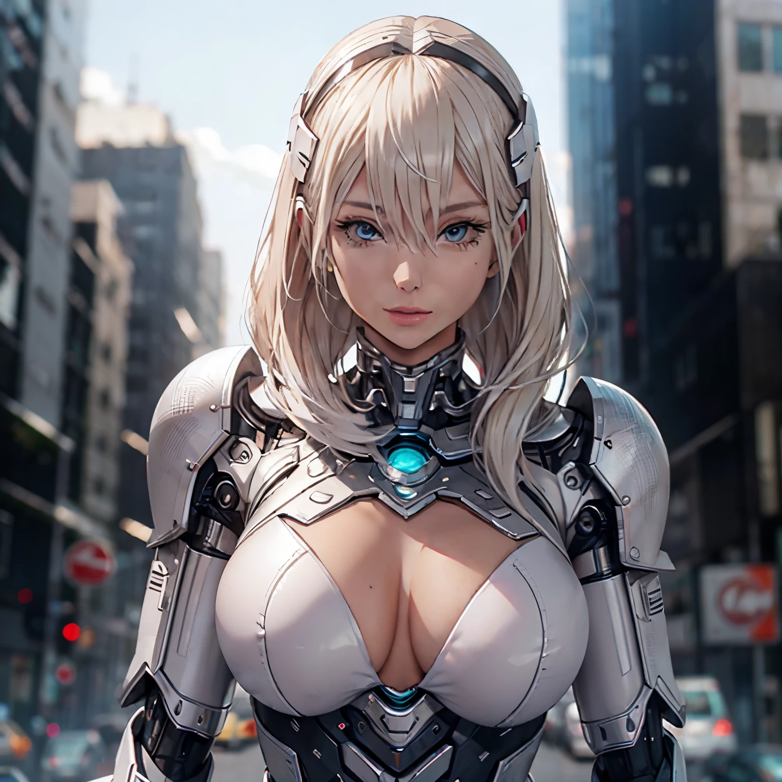 Platinum blonde woman robotic destroyed city Super realistic well detailed