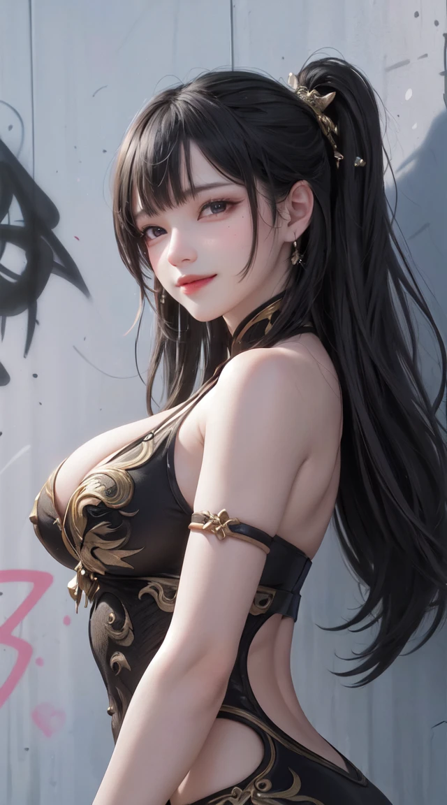 (best quality), masterpiece, Extremely detailed CG8K illustrations, high color, Extremely high color saturation, All colors are deepened, draw, graffiti art, central composition, Extremely detailed light and shadow, graffiti wall, The walls are painted in bright colors, 1 girl graffiti 1 girl looking at the wall, The face and eyes are very detailed, medium length hair, sportswear, Caiyun beautiful breasts、huge breasts:1.4 beautiful breasts、huge breasts:1.4,whole body