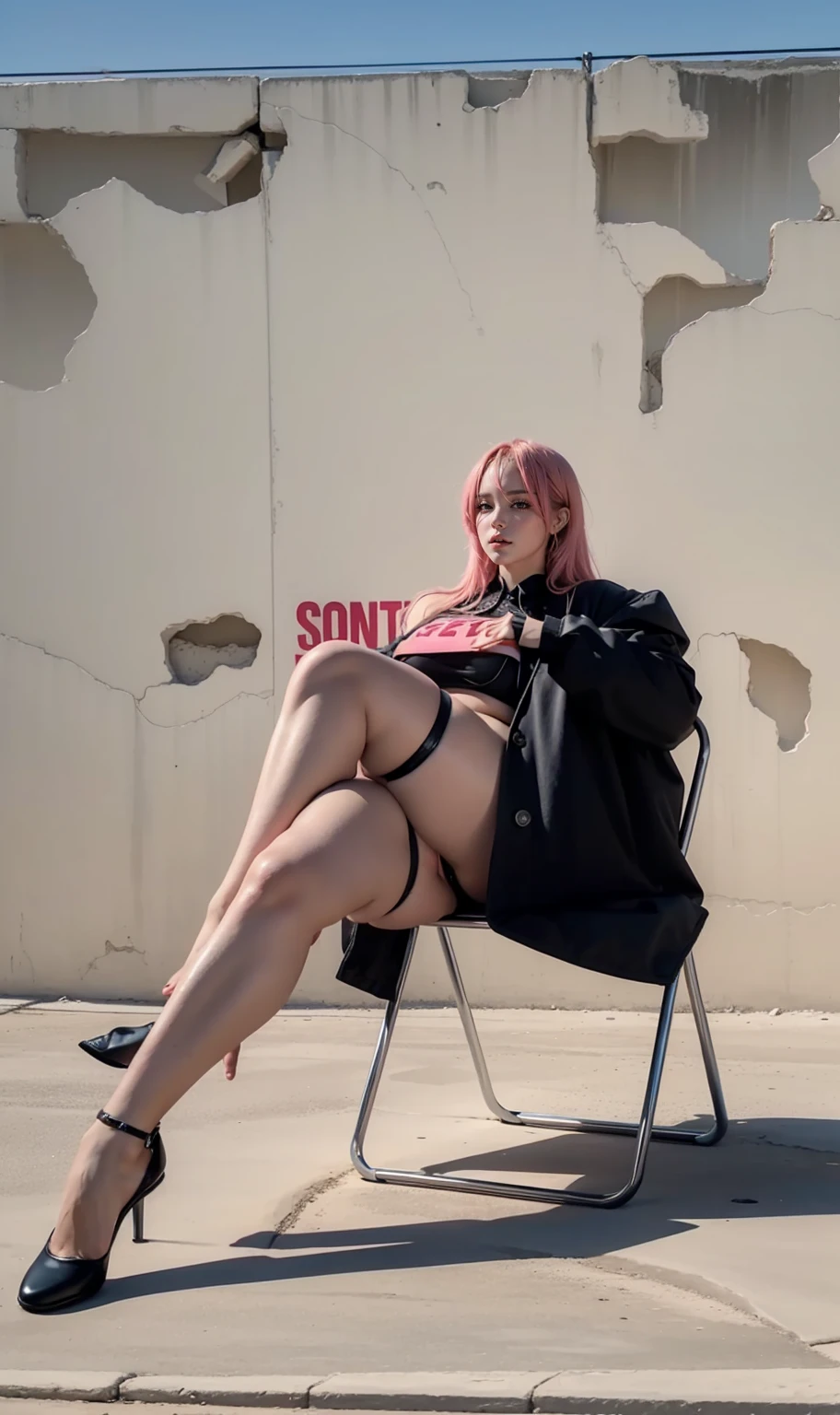 woman sitting in a chair with a pink hot sign on her chest, Hot hot hot, exposed thighs!!!, Leg and thigh shots, Thick thighs，Tik, looks hot, sexy pose, Leg and hip shots,  Lady in black coat and, exposed thighs,  photo shoot, 