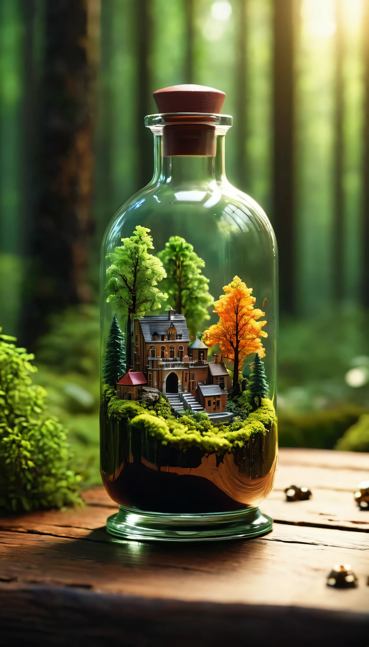 (Intricate forest landscape of a mini-city, Locked in a bottle), Atmospheric lighting Oliva, On the table, 4к HD, dark vibrations, hyper detailed, Bright colors of the forest background, Epic composition, Octane render, sharp focus, High-resolution isometry