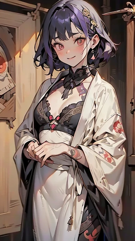 (highly detailed background:1.0), (highly detailed background:1.0), (masterpiece), high quality, 1 girl, woman, tattoo, irezumi, Depth of the bounds written, dynamic lighting, high qualityの影, feminine, plunging neckline, chest curtain, revealing clothes, , white dress, cut, purple hair
