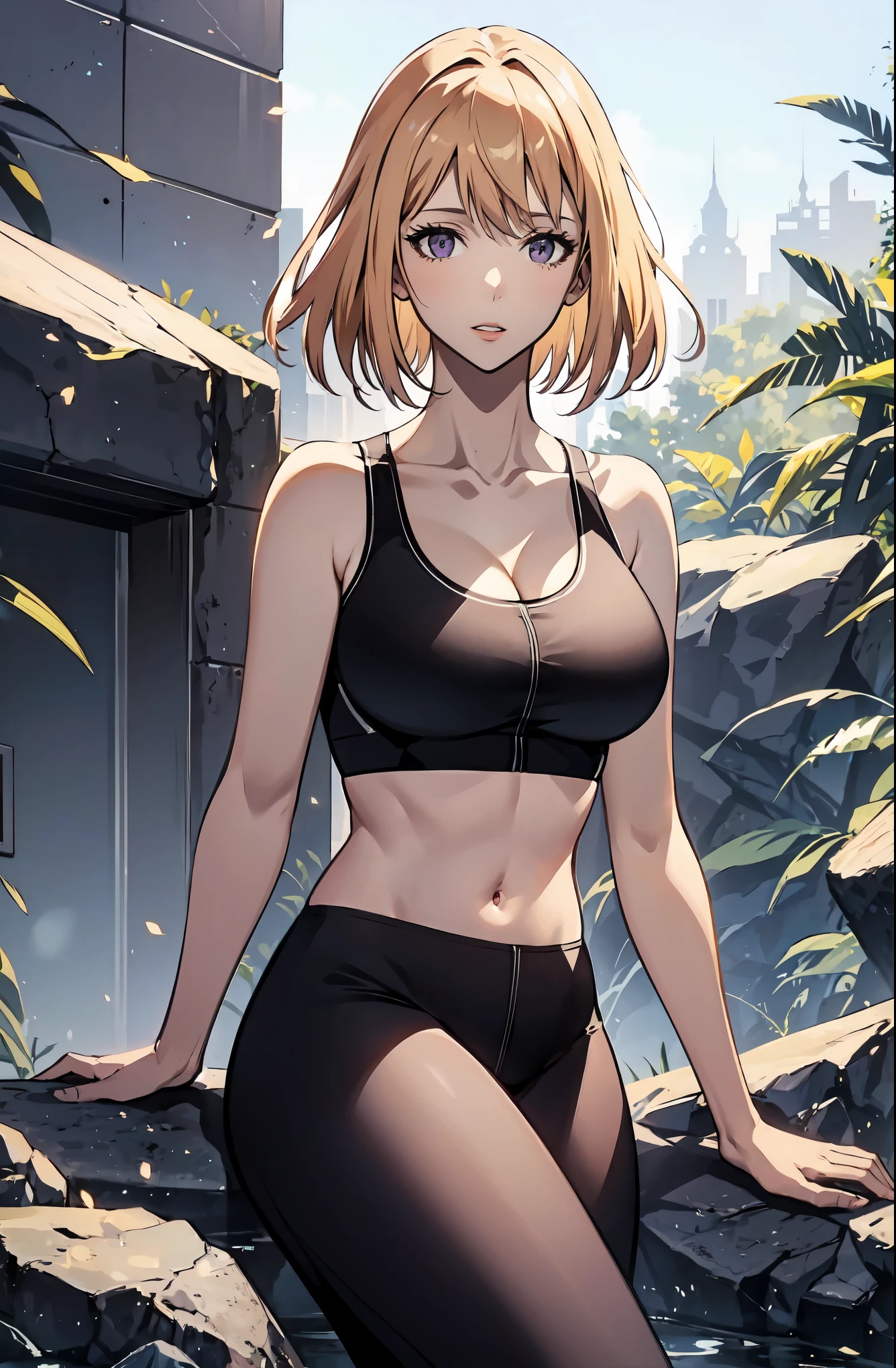 solo, 1girl, parted lips, cha hae-in, purple eyes, expressive eyes, perfect face, looking at viewer, (blue sports bra), sleeveless,\\ (black yoga pants), full pants, collarbone, midriff, navel, seductive, outdoors, morning, contrapposto, (intricate details, masterpiece, 8k, UHD, highres)