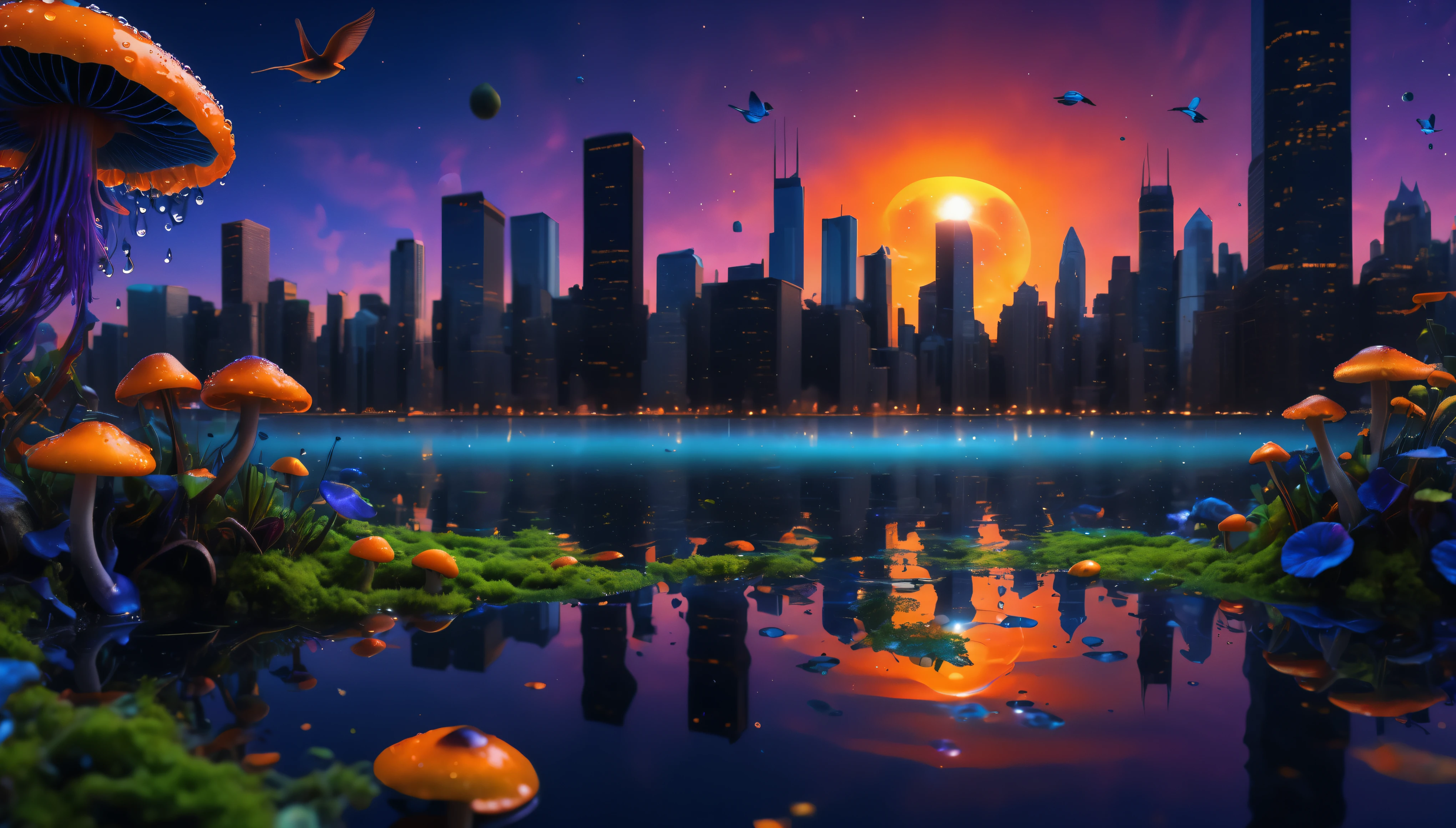 ((best quality)), ((masterpiece)), (Ultra detailed) Create a clean majestic city of Chicago at sunset, night time, with green moss growing on buildings showling Lake with sunset reflection in water, birds flying in background traveling into space, colorful green yellow blue red purple orange neon florescent planets in skys (masterpiece), shooting stars, solar eclipse above, (best quality), cyberpunk style, colorful water drops, very detailed 8k wallpaper, no logos, no letters, no symbols, peaceful trippy art, blue roses, greenish mushrooms, orange sky, portal in water with jellyfish