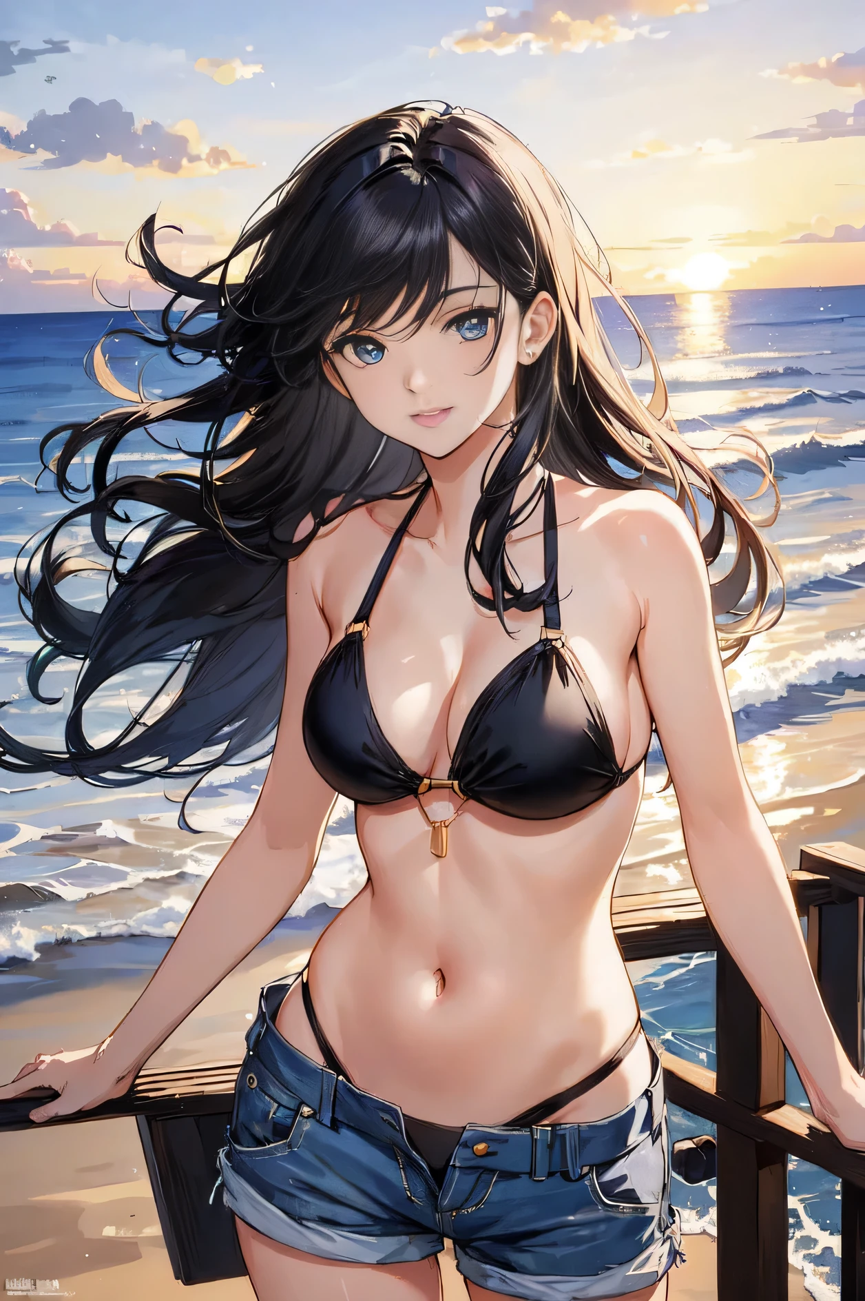 a woman in a bikini top standing on a beach next to the ocean, seductive anime girl, attractive anime girl, beautiful anime woman, beautiful alluring anime woman, beautiful anime girl, extremely detailed artgerm, beautiful alluring anime teen, pretty anime girl, artgerm. anime illustration, realistic bikini, (anime girl), swimsuit, anime girl