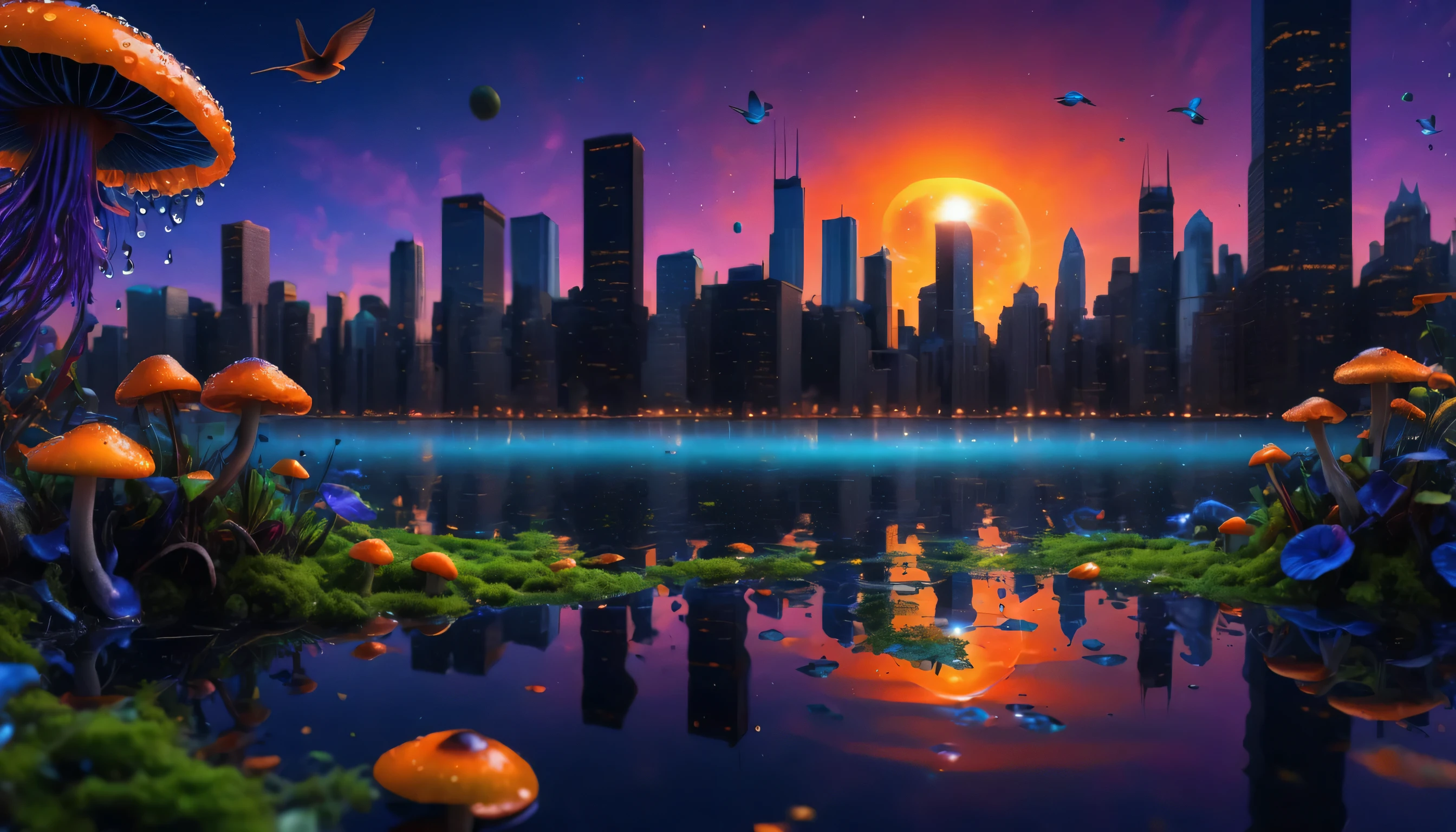 ((best quality)), ((masterpiece)), (Ultra detailed) Create a clean majestic city of Chicago at sunset, night time, with green moss growing on buildings showling Lake with sunset reflection in water, birds flying in background traveling into space, colorful green yellow blue red purple orange neon florescent planets in skys (masterpiece), shooting stars, solar eclipse above, (best quality), cyberpunk style, colorful water drops, very detailed 8k wallpaper, no logos, no letters, no symbols, peaceful trippy art, blue roses, greenish mushrooms, orange sky, portal in water with jellyfish