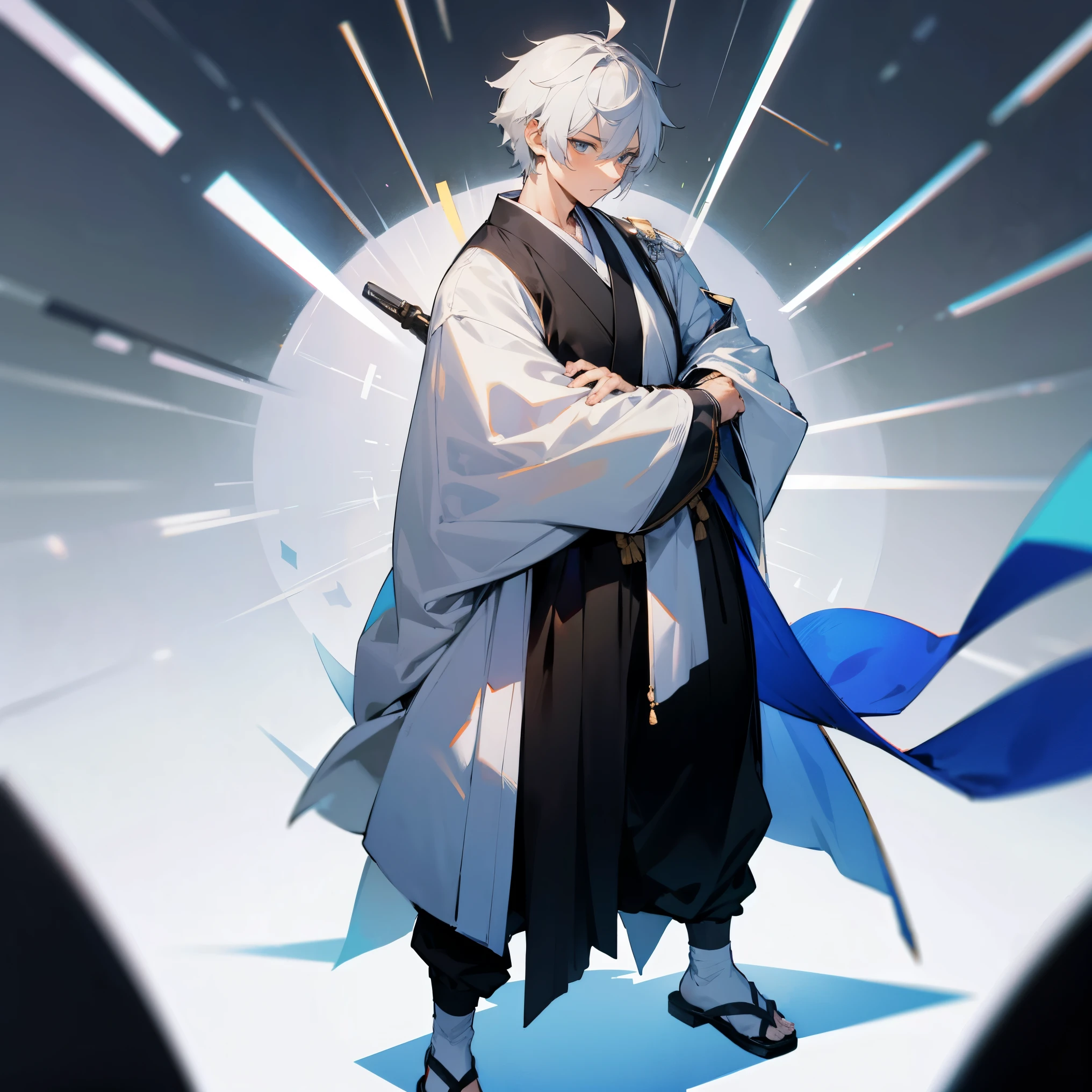 1male , White Compression Shirt Underneath, Muscular Build, Sleeveless Black Robes , Socks with Sandals , Baggy Black Pants , Japanese , Standing on path , Adult Male , Daring Expression
