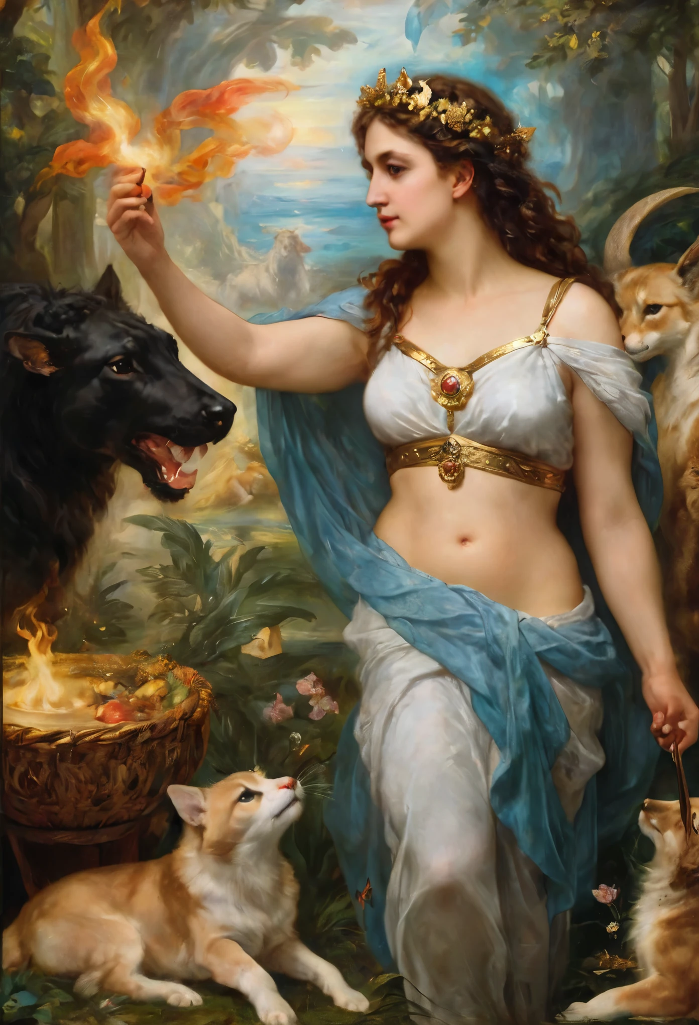 an oil painting art piece depicting the Greek Goddess Circe from Greek or Roman mythology, inspired by Peter Paul Rubens' painting style. Capture Circe's magical and enchanting presence as she stands with a mystical aura, surrounded by enchantments and mythical creatures. Infuse the painting with vibrant colors, dramatic lighting, and intricate details characteristic of Rubens' dynamic and emotive style. Let Circe's power and beauty shine through in a captivating portrayal that brings her mythological essence to life on the canvas, masterpiece, award winning, best quality, highly detailed, flawless artwork, beautiful nature in background,