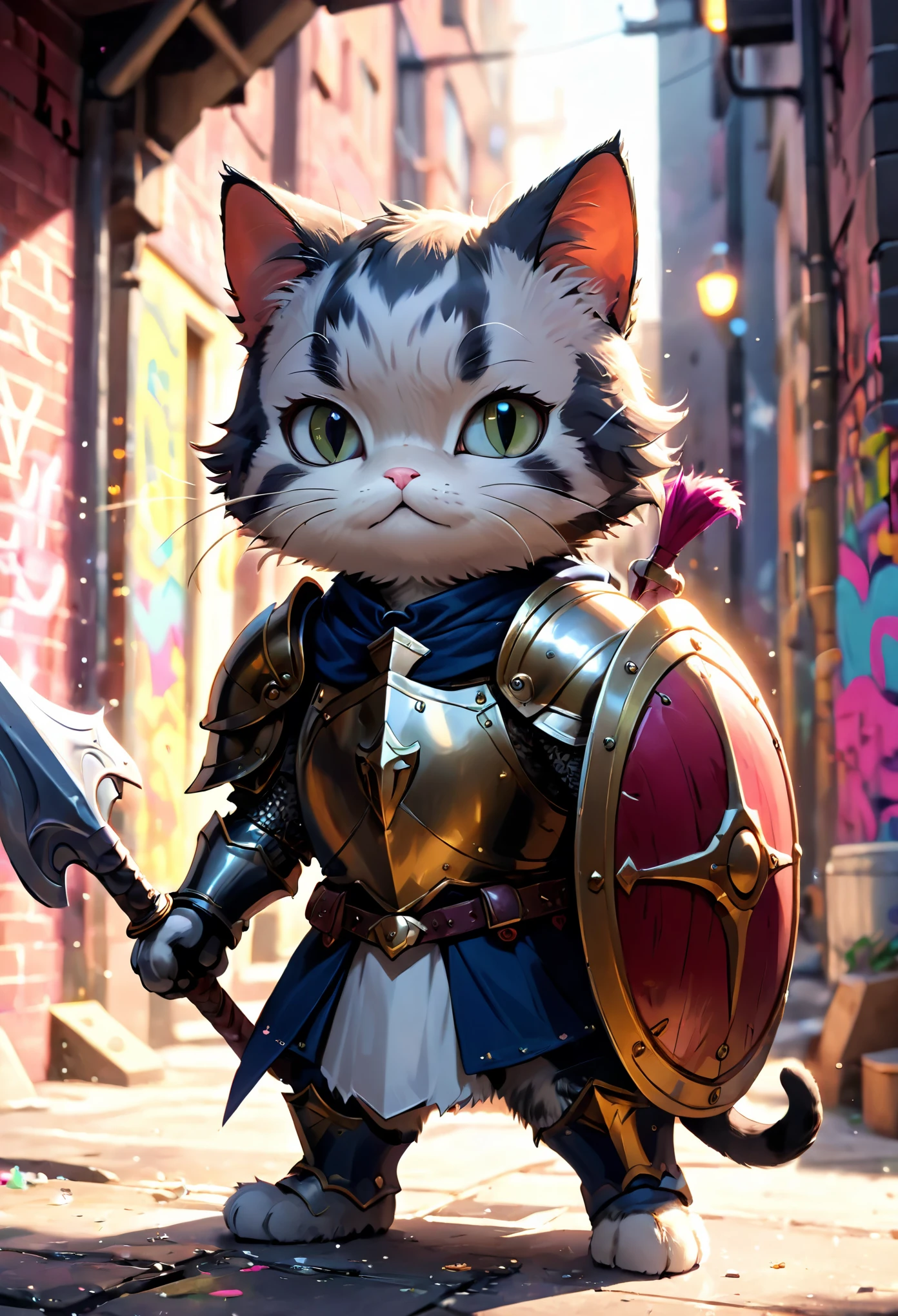 cartoon illustration,Cat Knight,Huge shield, Super cute, color (((graffiti art) (by Karen Griffiths))), Crazy details, intricate details, Super details, Soft cinema-like lighting, exposure blending, HDR 8k, Foreground color saturation