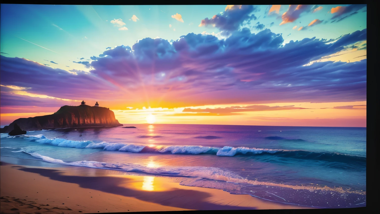 ((top-notch quality)), ((masterwork)), ((true-to-life)), Sunset at Pantai Dreamland beach casting a serene glow amidst the crashing waves, seaside cliff edge, dramatic, fiery sunset, Vincent Van Gogh, impressionistic, canvas oil painting, landscape, vivid hues of crimson, orange, and indigo, 3D render, high-res, 8K resolution, at eye level, picturesque, masterwork.