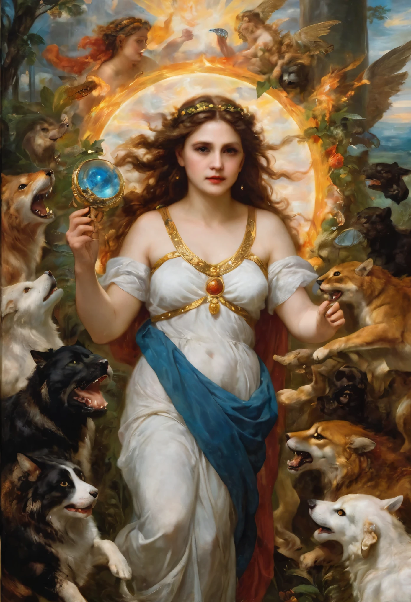 an oil painting art piece depicting the Greek Goddess Circe from Greek or Roman mythology, inspired by Peter Paul Rubens' painting style. Capture Circe's magical and enchanting presence as she stands with a mystical aura, surrounded by enchantments and mythical creatures. Infuse the painting with vibrant colors, dramatic lighting, and intricate details characteristic of Rubens' dynamic and emotive style. Let Circe's power and beauty shine through in a captivating portrayal that brings her mythological essence to life on the canvas, masterpiece, award winning, best quality, highly detailed, flawless artwork, beautiful nature in background,