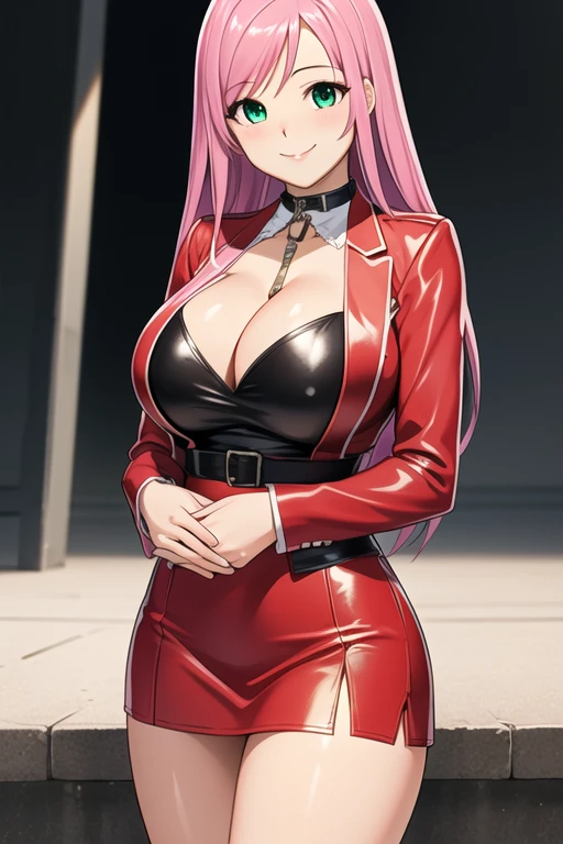 1 girl, 19 years old, Long pink hair, green eyes with slit pupils, master-piece, best quality, (standing up), (red long sleeve top, leather pencil skirt, cleavage), (Big , ultra gigantic , Super super big, Glamorous body), front figure, looking forward, (light_Smile:1.5), (Detailed hands and fingers:1.2), (FULL BODYSHOT), thighs thighs thighs thighs、beauty legs、