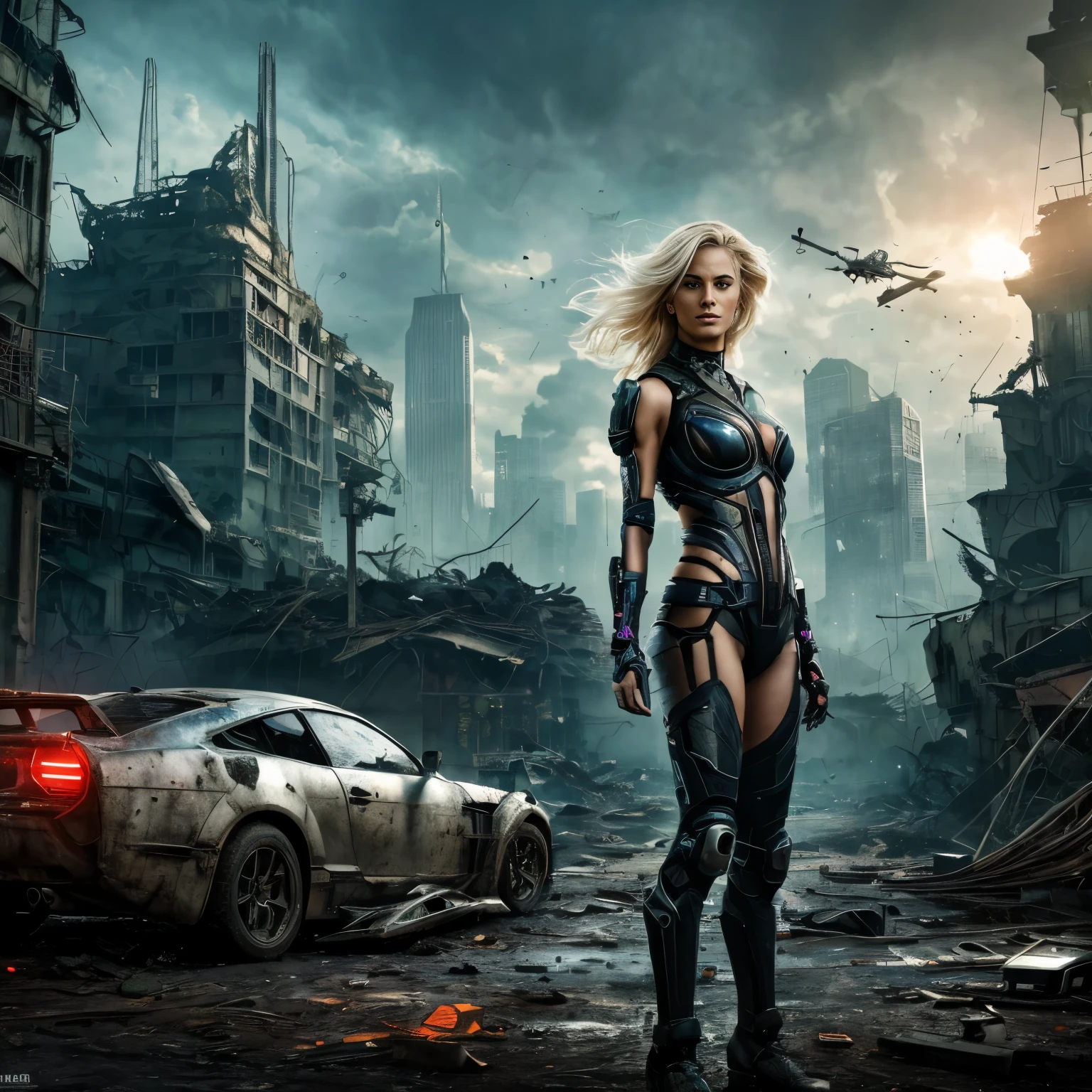 (best quality,4k,8k,highres,masterpiece:1.2),ultra-detailed,(realistic,photorealistic,photo-realistic:1.37),platinum blonde woman,city destroyed by robots,super realistic well detailed scenery,post-apocalyptic setting,dark and desolate background,crumbling buildings and rubble,smoke and dust in the air,mysterious atmosphere,explosions and fire,broken infrastructure,overgrown vegetation,metallic debris and wreckage,ominous and gloomy lighting,dramatic shadows and highlights,reflection on shattered glass,edgy and futuristic vibe,advanced technology elements,meticulously aged textures,gritty and dirty surfaces,emotionless robotic creatures,expressionless metallic faces,glowing red eyes and energy cores,technology blending with nature,lonely and survivor feel,wrecked vehicles and machinery,electric arcs and sparks,flyin drones and floating debris,platinum blonde woman with cybernetic enhancements,strong and determined posture,protective clothing and gear,holding futuristic weapon,scanning devices and holographic displays,city skyline silhouette in the background,moonlight casting an eerie glow on the scene,industrial and mechanical noises,unstable and broken perspectives,rich and vibrant color palette,contrast between organic and synthetic elements,portraits,sci-fi,concept artists,color grading,dystopian,grim and foreboding tone