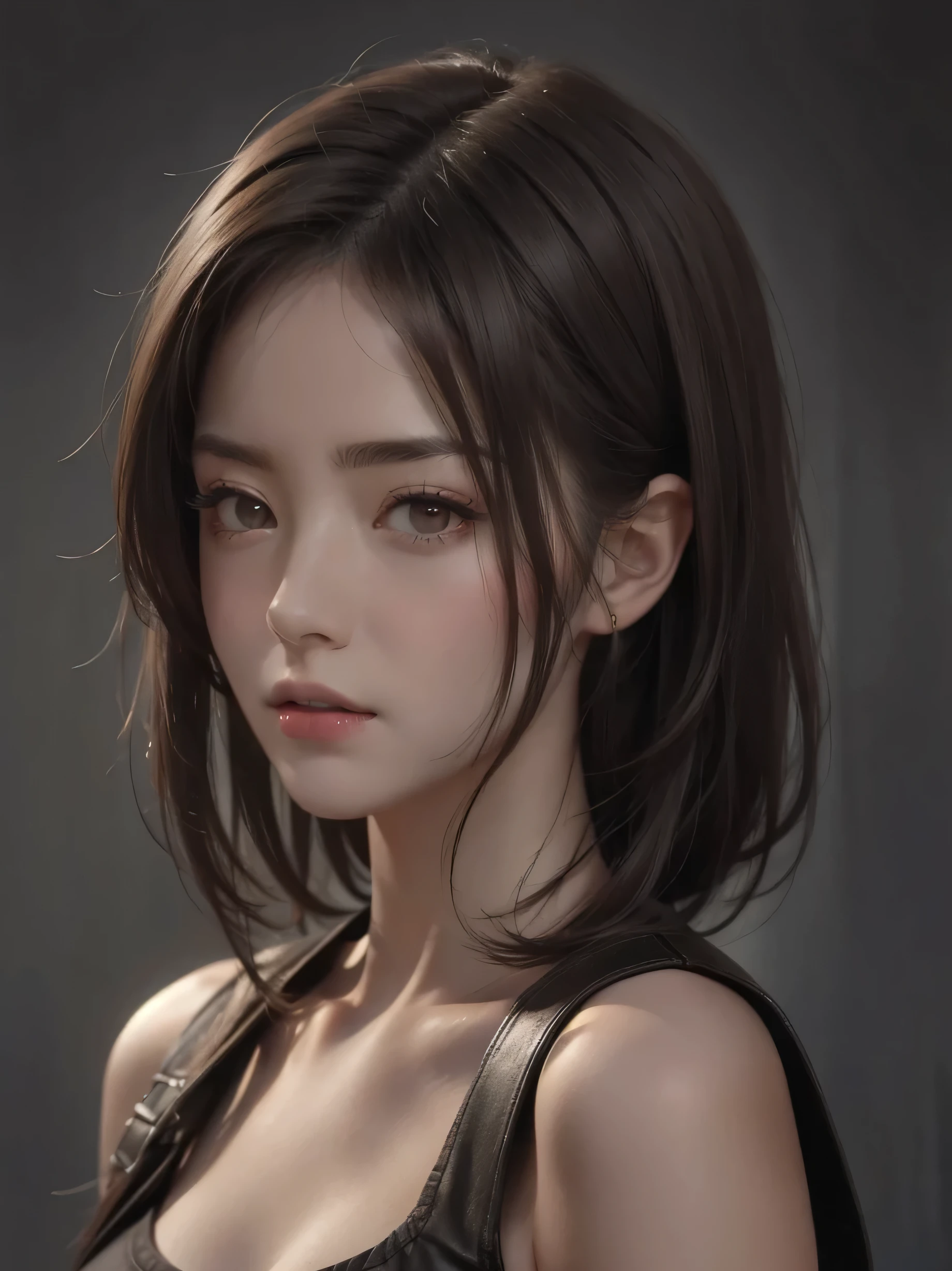 (Representative works: 1.3), (8K, realistic, RAW photo, best image quality: 1.4), (30 year old mature woman),small face, beautiful face, (realistic face),no makeup、natural makeup、light makeup、 (Dark brown, short hair: 1.3), beautiful hairstyle, realistic eyes, detailed and beautiful eyes, (realistic skin), beautiful skin, (sweater),、Bust A cup、 confused, charm, 超High resolution, Super realistic, High resolution, golden ratio, ff tifa、gray background、