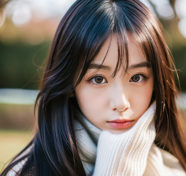 Close-up of a long-haired woman wearing a white jumper, Nie Tian's photo, tumbler, shin hanga, Yoshitomo Nara, korean girl, beautiful young korean woman, beautiful korean woman, gorgeous young korean woman, beautiful asian girl, Chiho, asian young girl, young asian woman