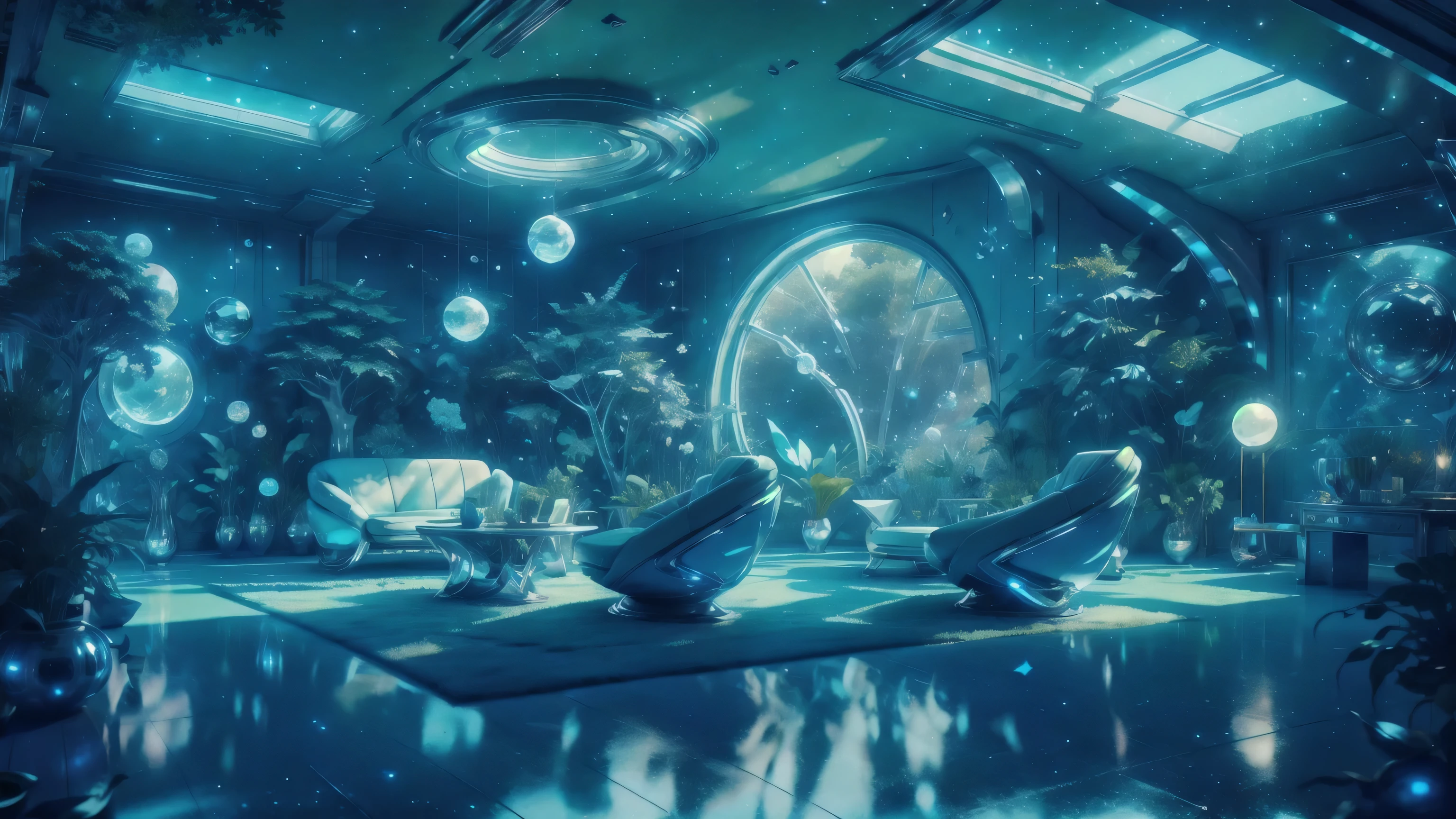 (masterpiece:1.2), (best quality,:1.2), 8k, HDR, Dynamic Angle View, UHD, ultra detailed, ((photorealistic)), (A Beautiful Secret Place), Outside Retro Futuristic Furniture, [So Many Vivid Colors], Futuristic Flower Garden, Vista distante、Paisagens、Outrageous resolution、The top half is empty、Below is the floor、luminoso、fantasia、clearing blue sky、Muitas estrelas brilhantes々、beautiful  lighting、clear lighting、soft lighting、Many bright magic lights、Stars are falling from the sky, Abandoned search facility, professional light, cinematic lighting, fashion photography, ambient lighting, face lighting, OverallDetail, fhanddetail, ffacedetail, ruins  in a magical forest, huge trees, sunlight, godrays, FanFo, 